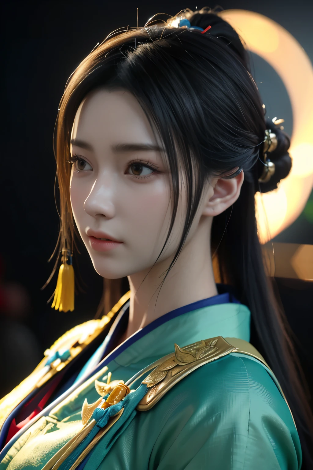 Game art，The best picture quality，Highest resolution，8K，(A bust photograph)，(Portrait)，(Head close-up)，(Rule of thirds)，Unreal Engine 5 rendering works， (The Girl of the Future)，(Female Warrior)， 
20岁少女，(The generals of ancient China)，An eye rich in detail，(Big breasts)，优雅高贵，冷漠，勇敢的，
(Wearing ancient Chinese cloth，Chinese Hanfu，Costumes of the Tang Dynasty，Costumes are rich in detail，Simple shades)，中国人物，奇幻风格，
拍照姿势，野外背景，Movie lights，Ray tracing，Game CG，((3D Unreal Engine))，oc渲染反射纹