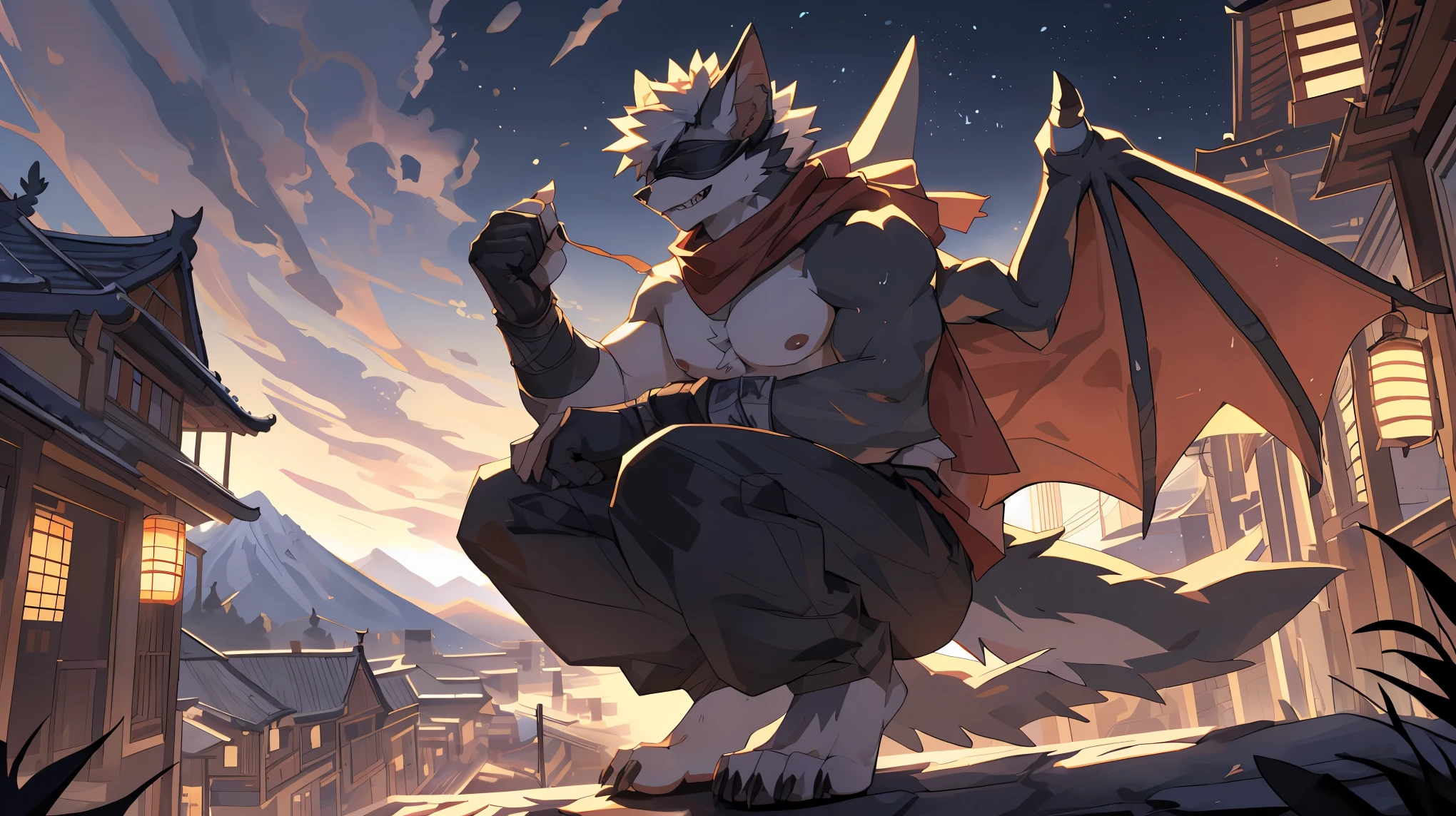 masterpiece, high quality, absurd resolution, digital painting \(artwork\), volumetric lighting, thumbnail shot, male, adult, ((solo)), anthro bat, (dynamic posture: 1.5), (high saturation) (very detailed:1bat, anthro bat, brown_body, male, huge wings, bandages, blindfold, scarf, grinning, sharp teeth, sweat pants, barefoot, combat gloves, shirtless, long ears, bat nose, huge white mohawk, broad shoulders, chest hair, male nipples. open legs, tail, very long legs, long arms, very tall, slim body,) (squatting pose, on rooftop) (wallpaper, 4k), landscape, portrait, side_view_pov, detailed background, outside, night, clouds, lanterns, Japanese architecture in the distance, mountains in the distance, by (by Pino Daeni, (by ruaidri), yupa, kiyosan), detailed background, anime, (dark shadows, wide dynamic range, hdr, low light:1.2), BadDream,fcNeg,by littleblackalas