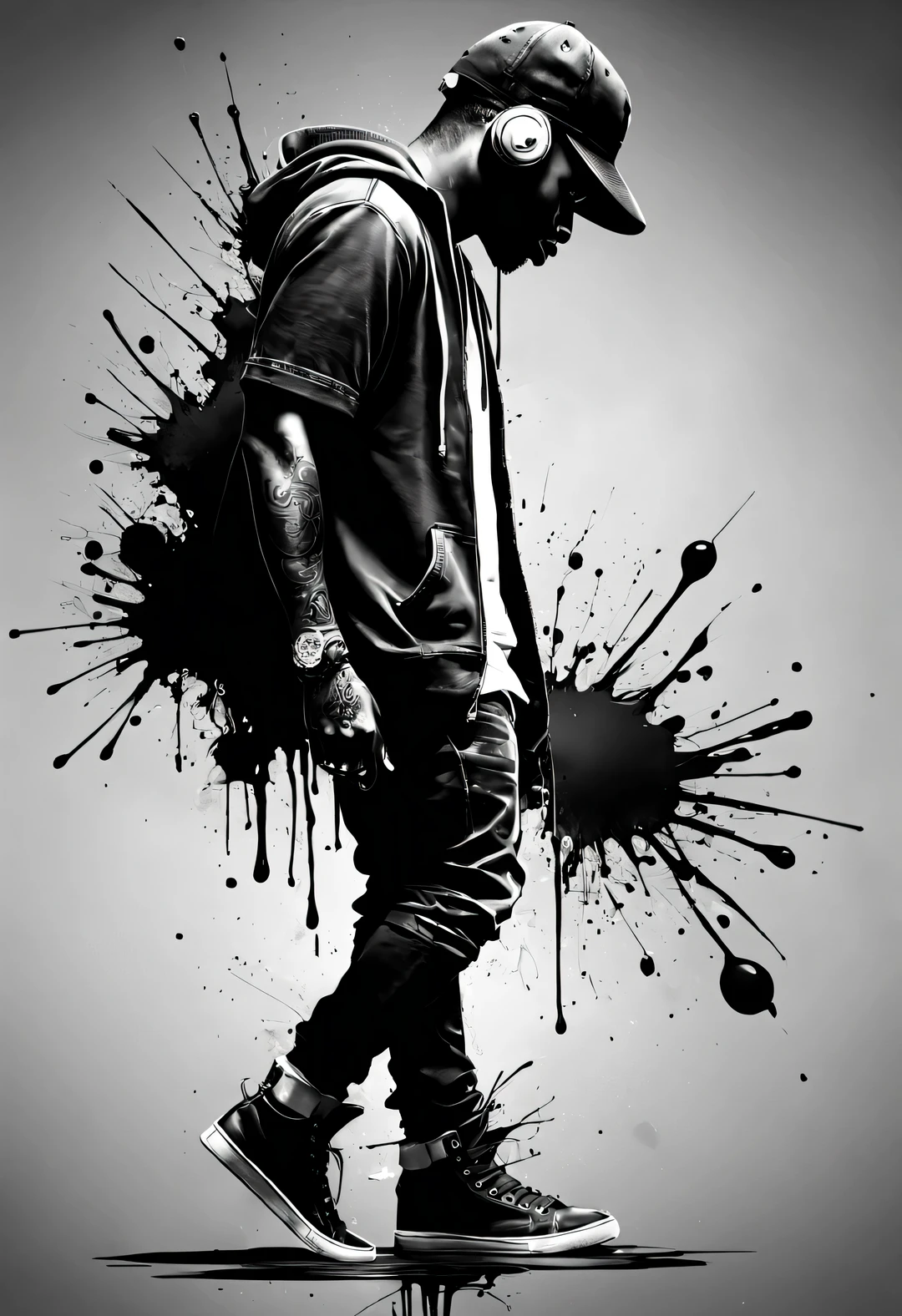 splash ink,,Patrice Musciano (Patrice Murciano) style , Features, inked-art, side view,嘻哈时尚设计style ,