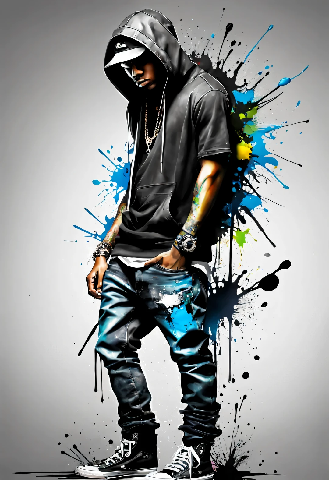 splash ink,,Patrice Musciano (Patrice Murciano) style , Features, inked-art, side view,嘻哈时尚设计style ,