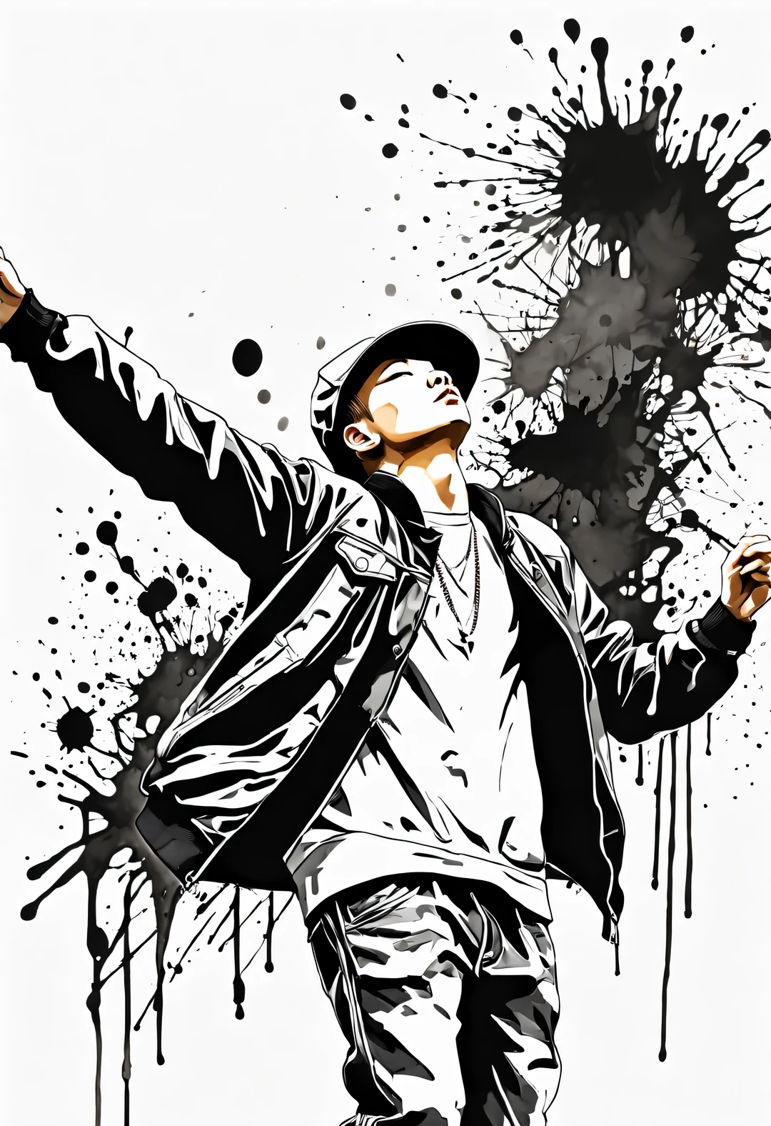 liquid ink painting,splash ink, Anna Dietman style,trash boy,, inked-art, side view,Hip hop fashion design style