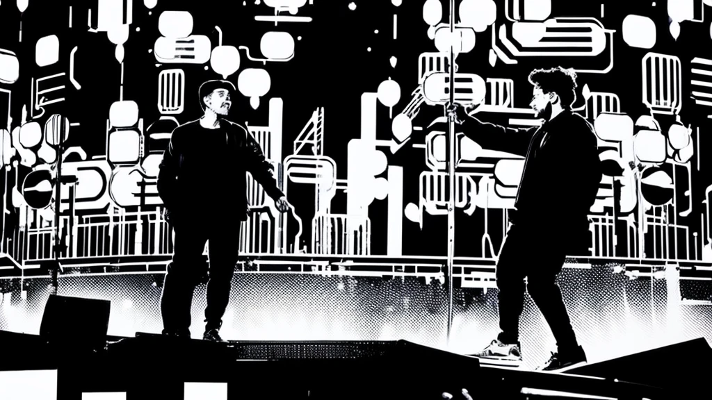A monochrome print-style abstract painting of two people talking on stage.