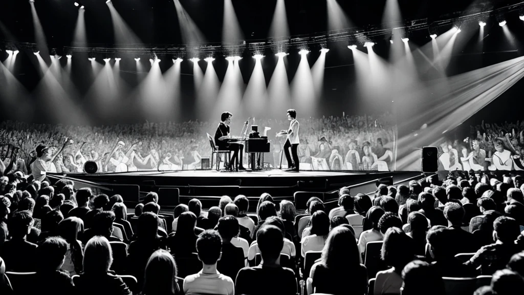 A monochrome print-style abstract painting of two people talking on stage.