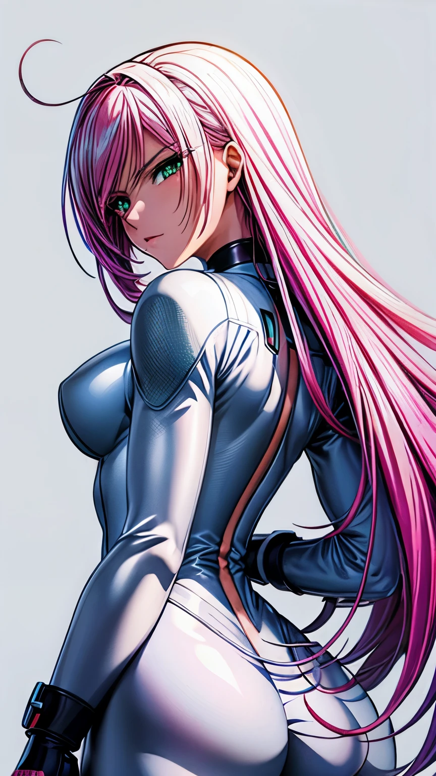 (masterpiece, best quality, ultra-detailed, highres, illustration:0.8), extremely detailed wallpaper, official art, amazing, high detail, ultra-detailed, extremely detailed 8k wallpaper,closed full body, bright pink hair, green eyes with slit pupils, (white background: 1.3), (1girl, solo),(bodysuit),sexy,perfect anatomy,beautiful face, back figure, looking back, 