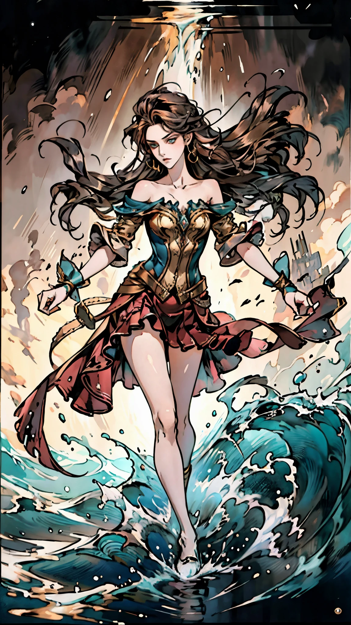 A beautiful woman with cascading waves of aqua-blue long hair, exquisite facial features, a melancholic expression, delicate and bright eyes, skin as smooth and radiant, her slender and graceful figure dances like water splashes in the wind, a splendid fantasy-style islander ethnic costume, a short skirt resembling ocean waves, her slender legs leap lightly above the water surface, surrounded by splashing droplets that dance in the air, this character embodies a finely crafted fantasy-style female dancer in anime style, exquisite and mature manga art style, high definition, best quality, highres, ultra-detailed, ultra-fine painting, extremely delicate, professional, anatomically correct, symmetrical face, extremely detailed eyes and face, high quality eyes, creativity, RAW photo, UHD, 8k, Natural light, cinematic lighting, masterpiece-anatomy-perfect, masterpiece:1.5