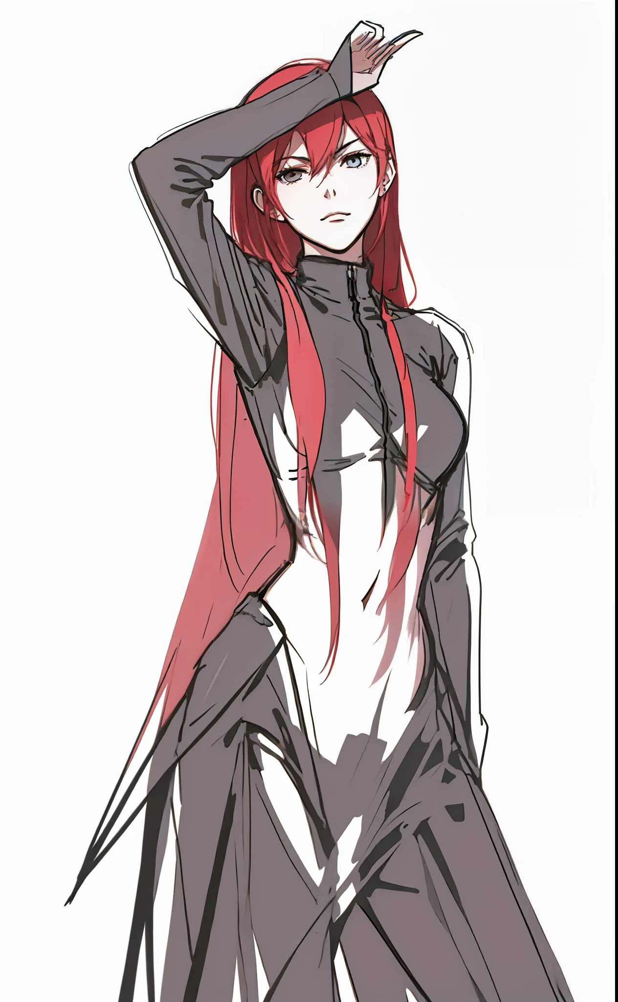 a drawing of a woman with long red hair and a black top, sketchy artstyle, makise kurisu, anime woman fullbody art, hands behind her body pose!, kurisu makise, erza scarlet as a real person, zero two, pudica pose gesture, full body concept, badass pose, neutral pose, unknown artstyle, she has red hair