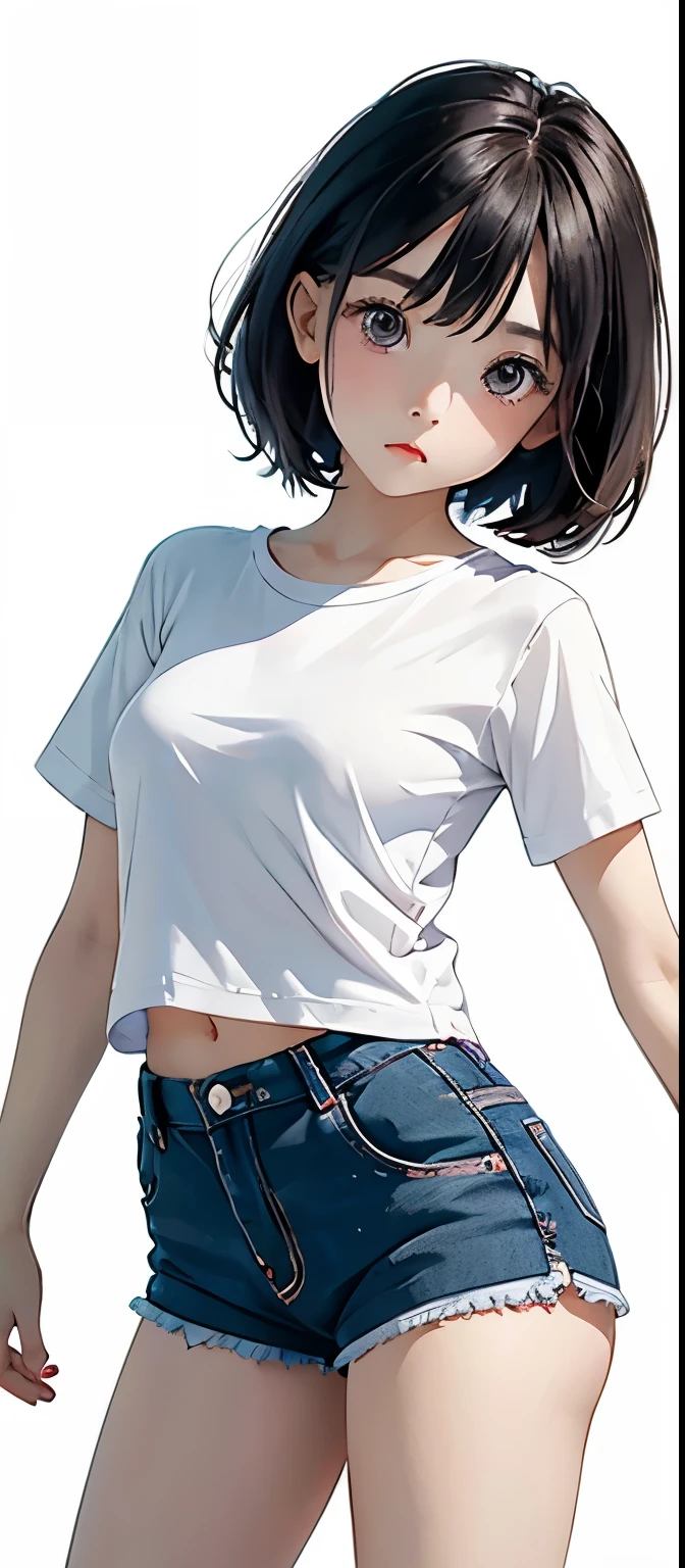 Adorable Girl . Very Kawaii , Round Face . Solo , Slim , Medium Breasts , Short Stature . Glossy Skin . Plain White T-shirt . Shorts . Dynamic Pose . Dynamic Angle . No Background , White Background , looking at viewer