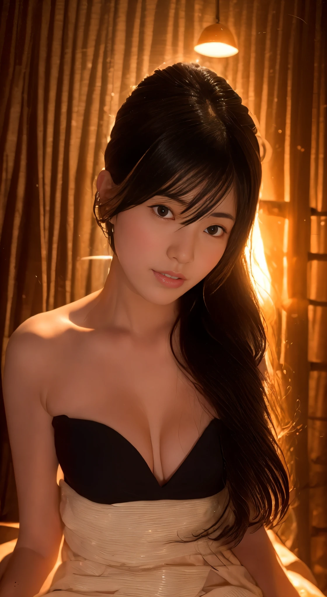 (masterpiece, best quality), 1girl(Athena_Asamiya), cute dress, long black hair, sitting, beautiful outdoor background, night, forest