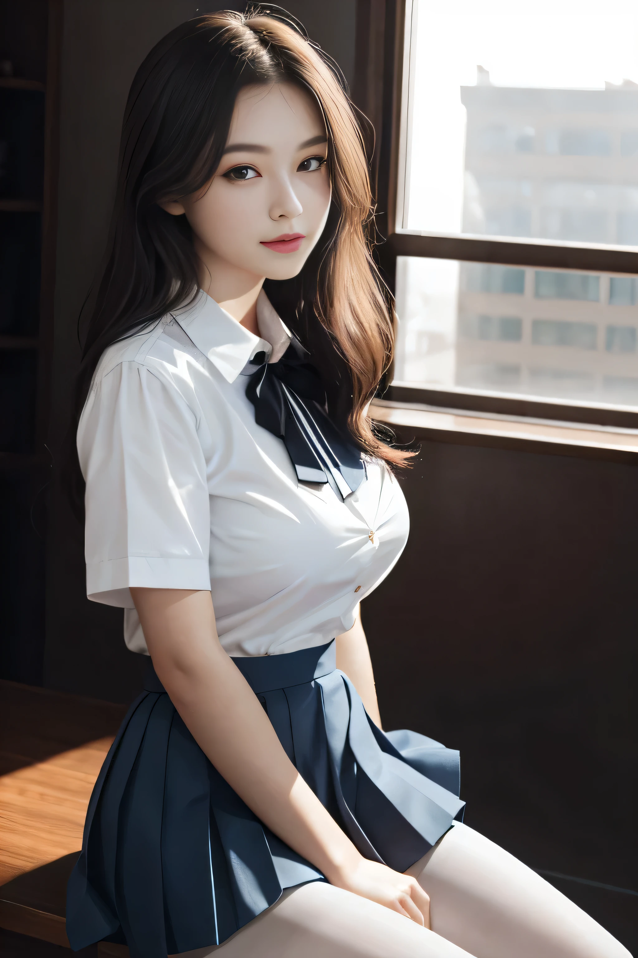ultra actual 8k cg, picture-perfect face, flawless, Clean, masterpiece, professional artWork, famous artWork, perfect face, pretty face, beautiful Eye, ((perfect female body)), alone,(immersive atmosphere, chiaroscuro:1.5,bright light:1.2,Luminous lighting)
,,(blush:0.5),seductiveexpression,Very detailed_Eye,Thick thighs,big breasts,
Beautiful and detailed backgrounds,depth of field,actual:1.3, long shot,1 girl,shirt,pleated skirt, uniform, sitting, whole body, 
(ambient light:1.3),(Work:1.3),(neon lights:0.1),(human development report:0.1),Accent lighting, white pantyhose,