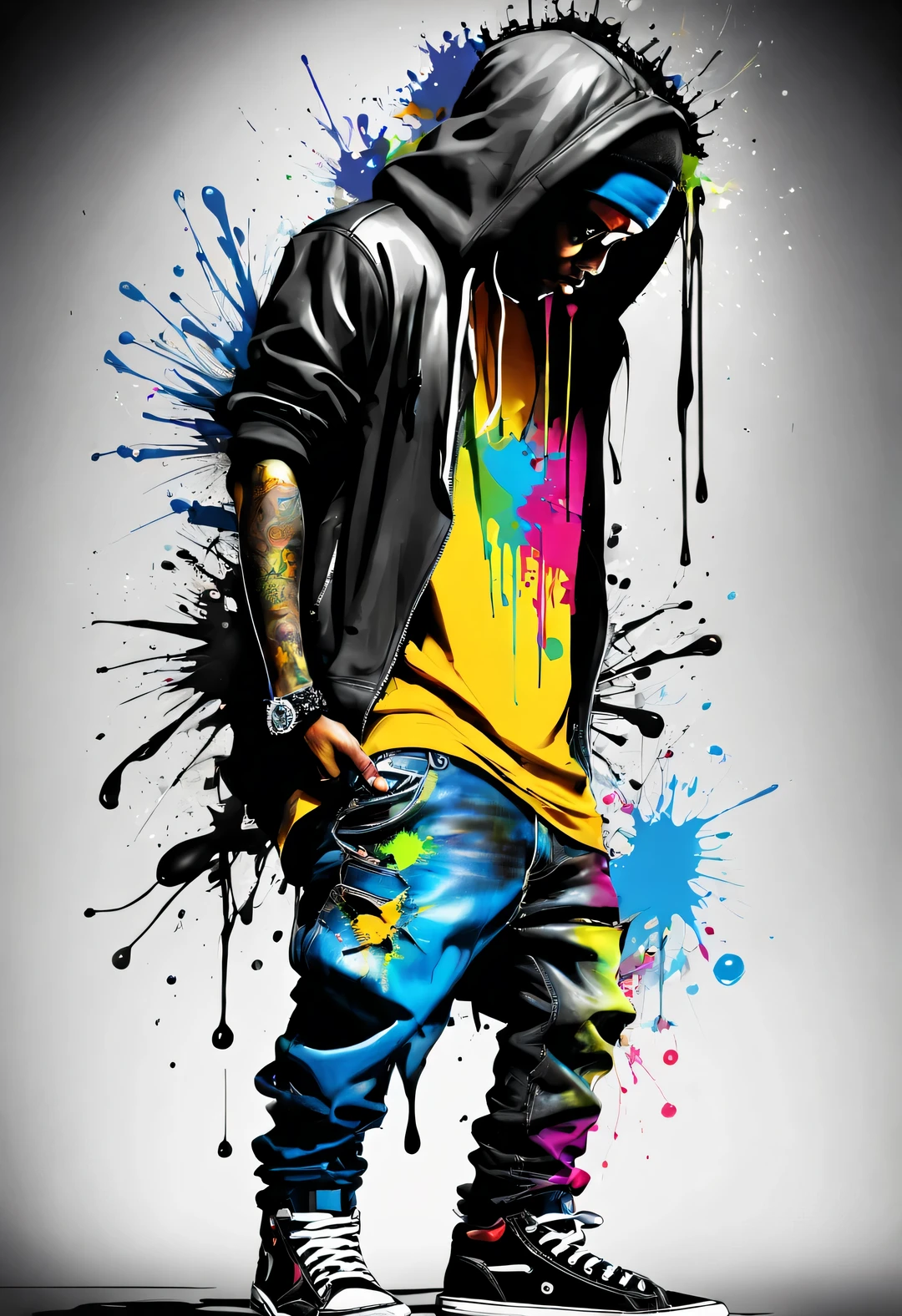 splash ink,,,little hedgehog i,Patrice Musciano (Patrice Murciano) style of , inked-art, side view,Hip hop fashion design style ,