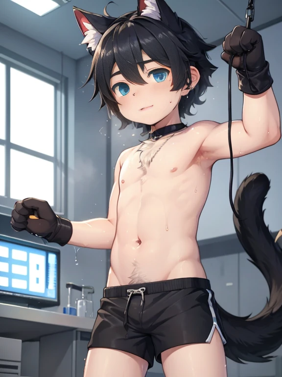 4K，8k，high resolution，masterpiece, best quality，blue eyes, hairy, alone, Wearing plain black shorts，human nature ，Sweat，wet fur，((boys，Shota))in laboratory，Long tail and cat ears combined into one，melt，Lifting cat&#39;s paw