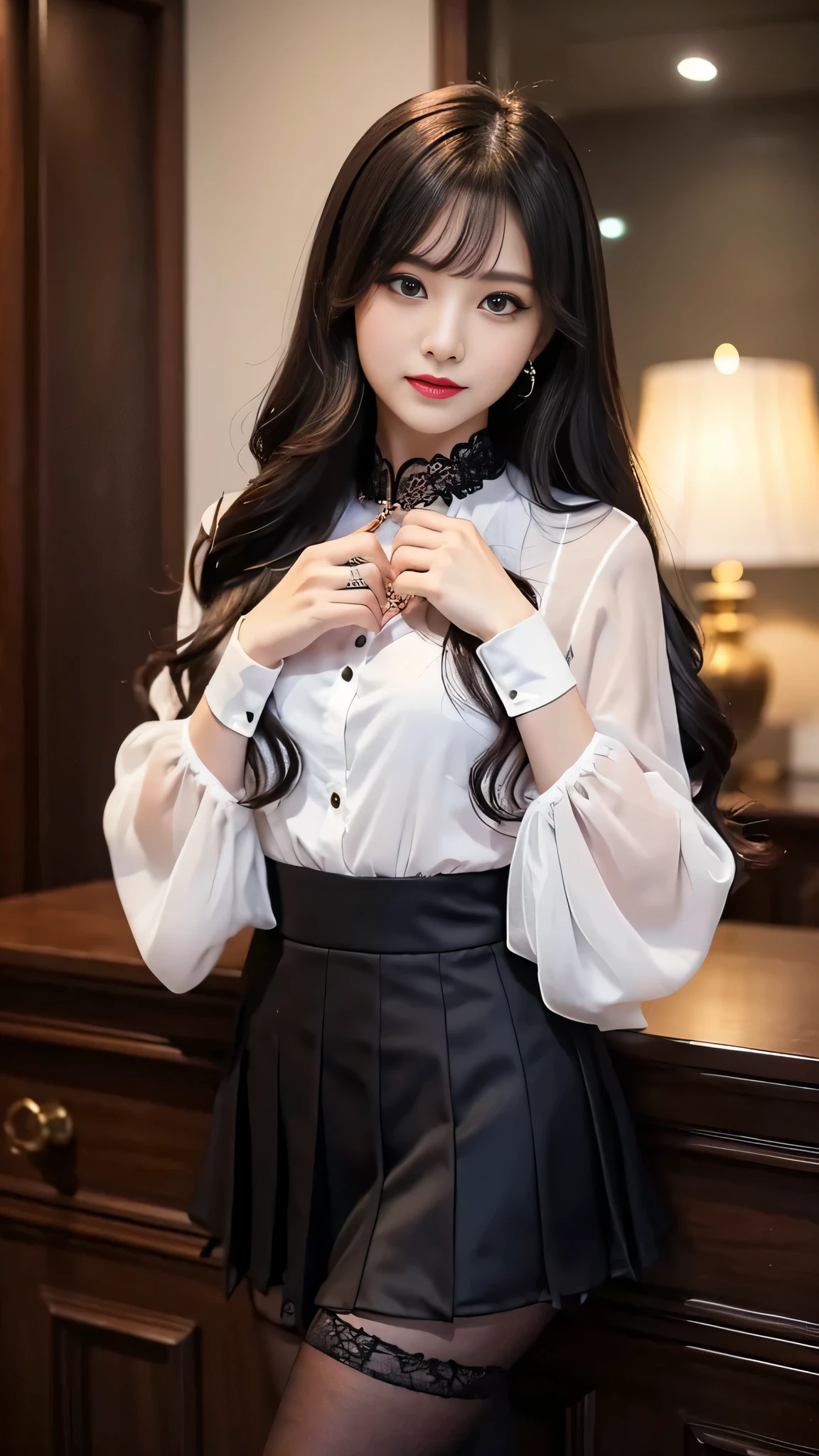 Super detailed、Japanese、charming beauty、Dainty woman、sharp eyes、cool girl、wavy hair、suit、Black chiffon、lacy fabric、wide sleeve、Jacket、white blouse、flare skirt、pantyhose、Shiny legs、evilの幹部、evil depravity、brainwashing、Mind control、lipstick、have lip gloss、grin、邪evilなな表情、evil、empty eyes、邪evilな、darkness room、 pose、tattoo