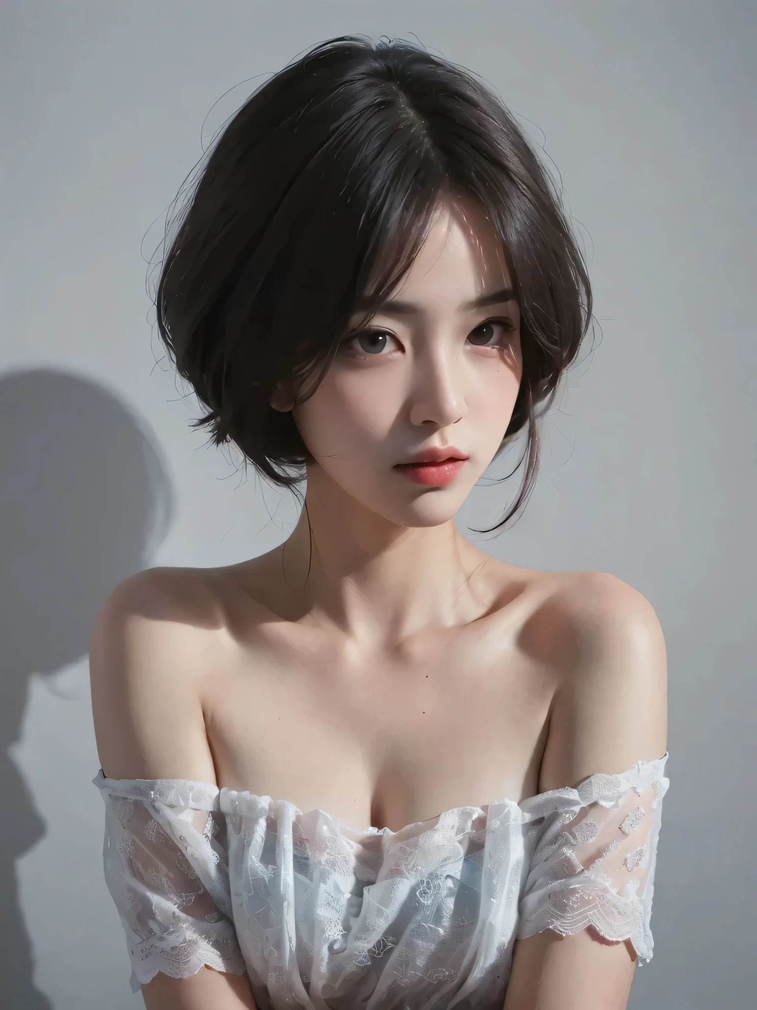 best quality, masterpiece, ultra high resolution, (lifelike:1.5), original photo, 1 girl, take off shoulders, in the darkness, deep shadow, low profile, cold light, sexy look, short hair