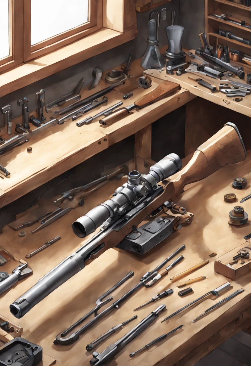 Create a detailed anime-style illustration featuring a sniper gun placed on a gunsmith's workbench.Top angle. Emphasize the details of the gun's parts, with some dislocated for a technical and mechanical feel. The setting should showcase the interior of a gunsmith workshop. Ensure a simple and clean anime art style. No human characters should be visible in the scene.