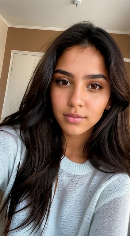 a 21-year-old woman, bronceado ((hiperrealismo)) , ojos marrones, Brown hair black roots, cabello extra largo, cabello muy largo, Cabello muy largo, hermoso, vista frontal, autofoto, Foto tomada con iPhone, sweater azul, selfie, en hotel, autofoto iPhone, hotel