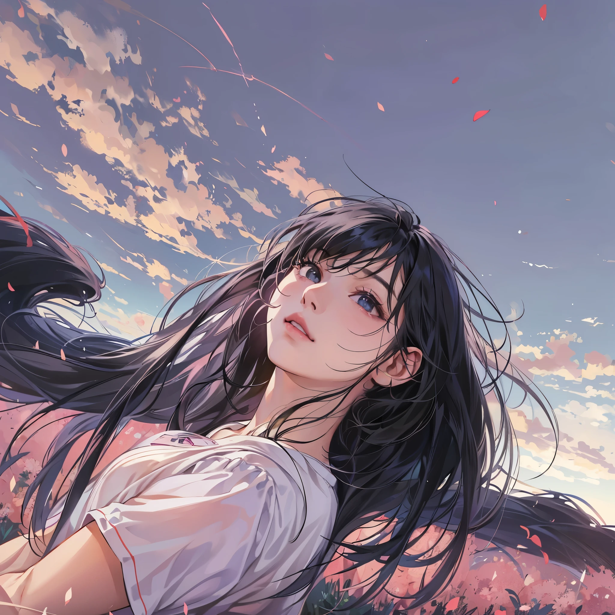 ( highres, ultra detailed, realistic, )(解剖学正确), 1 girl,long black hair, wind blow,Comfortable face,pink white stripe T-shirt, lying on the grass, black eyes,looking at the sky, sunset sky background, ultra - detailed, best quality, Detailed diagram, vectorized, 8K, Graphic design, vector lines, Full-HD,仰视角度