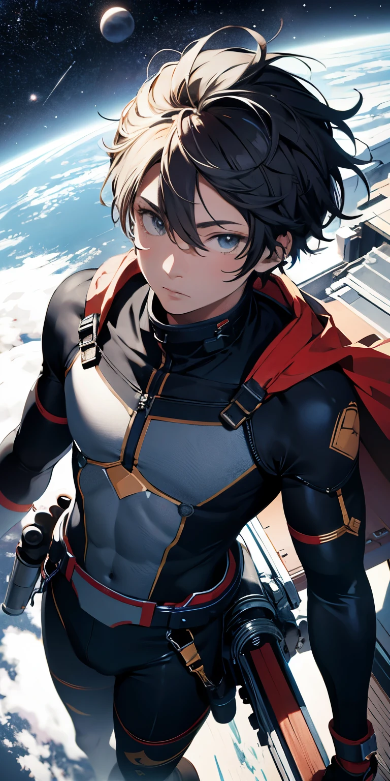 ridiculous resolution, high resolution, (masterpiece:1.4), super detailed, 1boy, seen from above, space, floating, --v 6