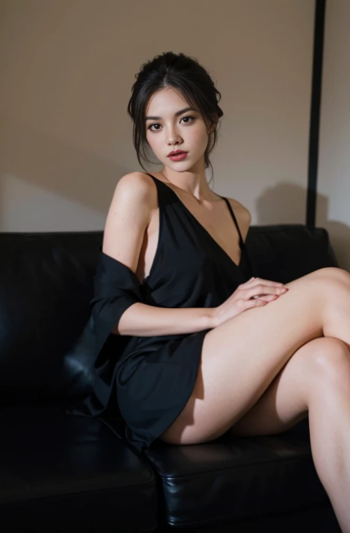 1 girl,Sit on a comfortable sofa,legs crossed,soft light,Black silk big breasts
