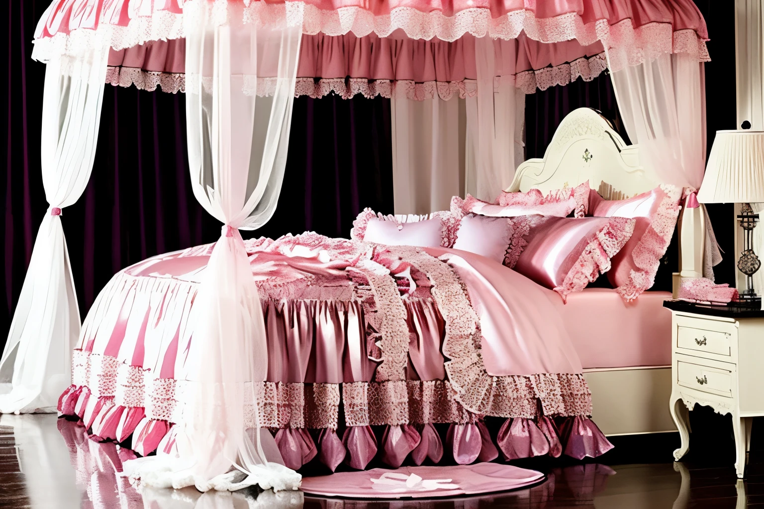 highest quality, masterpiece, highest resolution, artwork, super それにget used to it, many get used to it, get used to it, それにget used to it,(), Girl, ,the girl is a princess,((girly dark pink satin fabric)), ((A Victorian ballgown dress with plenty of pink ruffles and bows and a voluminous full-length hoop skirt.)),long sleeve,long dress,A dress with lots of frills and ribbons..,luxury,((Palace bedroom)),((Huge square victorian canopy king size bed)),lots of frilly pillows,ruffle bed skirt,