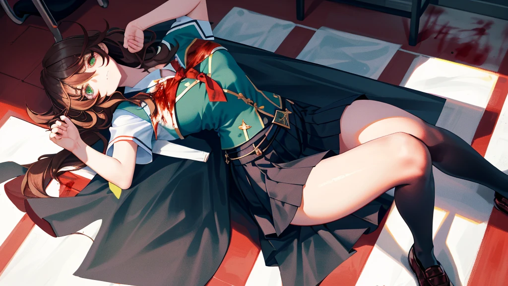 (Lie on the ground:1.2), Lisa, genshin impact, 1 girl, alone, ((White school uniform)), red bow tie, black knee socks, (school shoe:1.2), big breasts, cleavage, uniform, office background, ((Killed)), ((From above)), (cinematic lighting), (Put your arms on the ground), ((Sea of Blood)), ((bloody ground)), dutch angle, ((Bloody Body)), ((blood on their clothes)), ((rape face)), ((Open your eyes wide)), (((horror))), black skirt, pleated skirt, office, hair between eyes, messy hair, large chest, long hair, brown hair, red short nails, green eyes, alone, ((long slender legs)), ((thin waist)), thighs, very long hair, ((masterpiece)), classroom, machine, Chair, board, class board, Beautiful woman