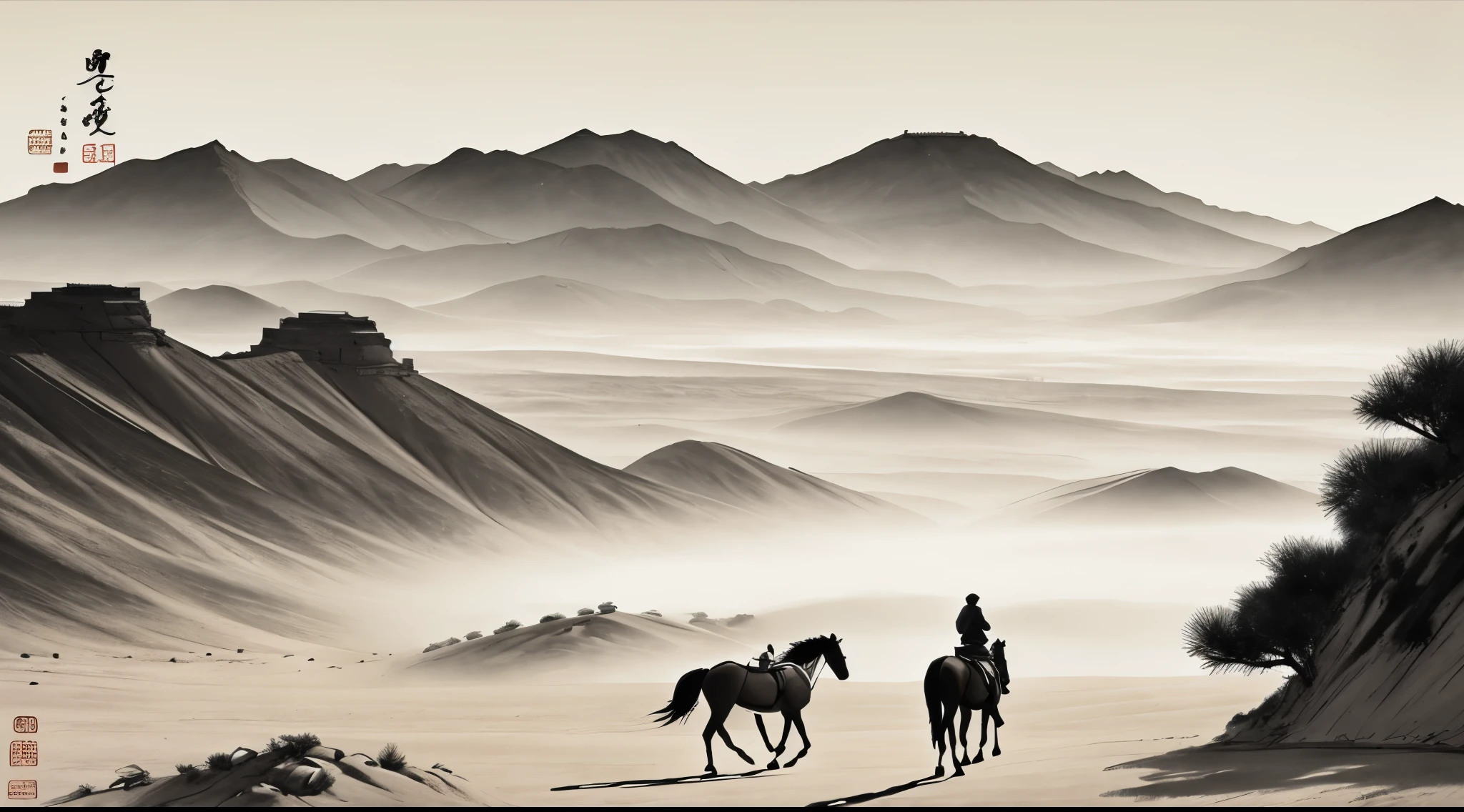 Ancient road west wind thin horse，desert，nostalgia，Chinese traditional ink painting，traditional Chinese painting，have no color