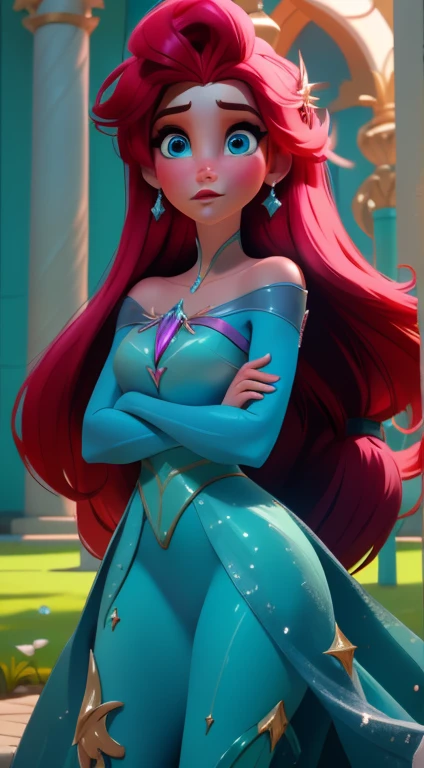 Elsa-Ariel Fusion, Mesclando modelos, melting, Roupas da Ariel, 1girl, Beautiful, character, Woman, female, praia, (master part:1.2), (melhor qualidade:1.2), (sozinho:1.2), ((pose de luta)), ((campo de batalha)), cinemactic, olhos perfeitos, pele perfeita, perfect lighting, sorrir, luz, cor, pele texturizada, detalhe, Beleza, maravilha, ultra-detalhado, rosto perfeito