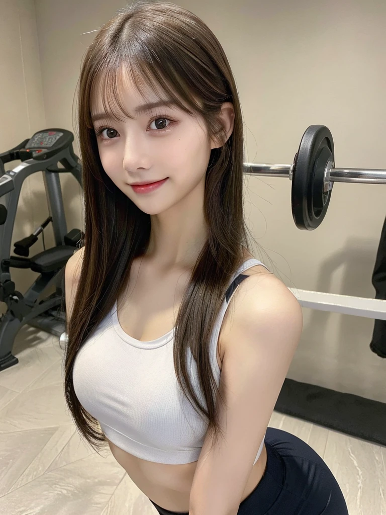((Best Quality, 8K, Masterpiece: 1.3)), 1girl, Slim Abs Beauty: 1.3, (long Hairstyle Casual, small Breasts: 1.2), training wear, Super Fine Face, Delicate Eyes, Double Eyelids, Smile, at gym