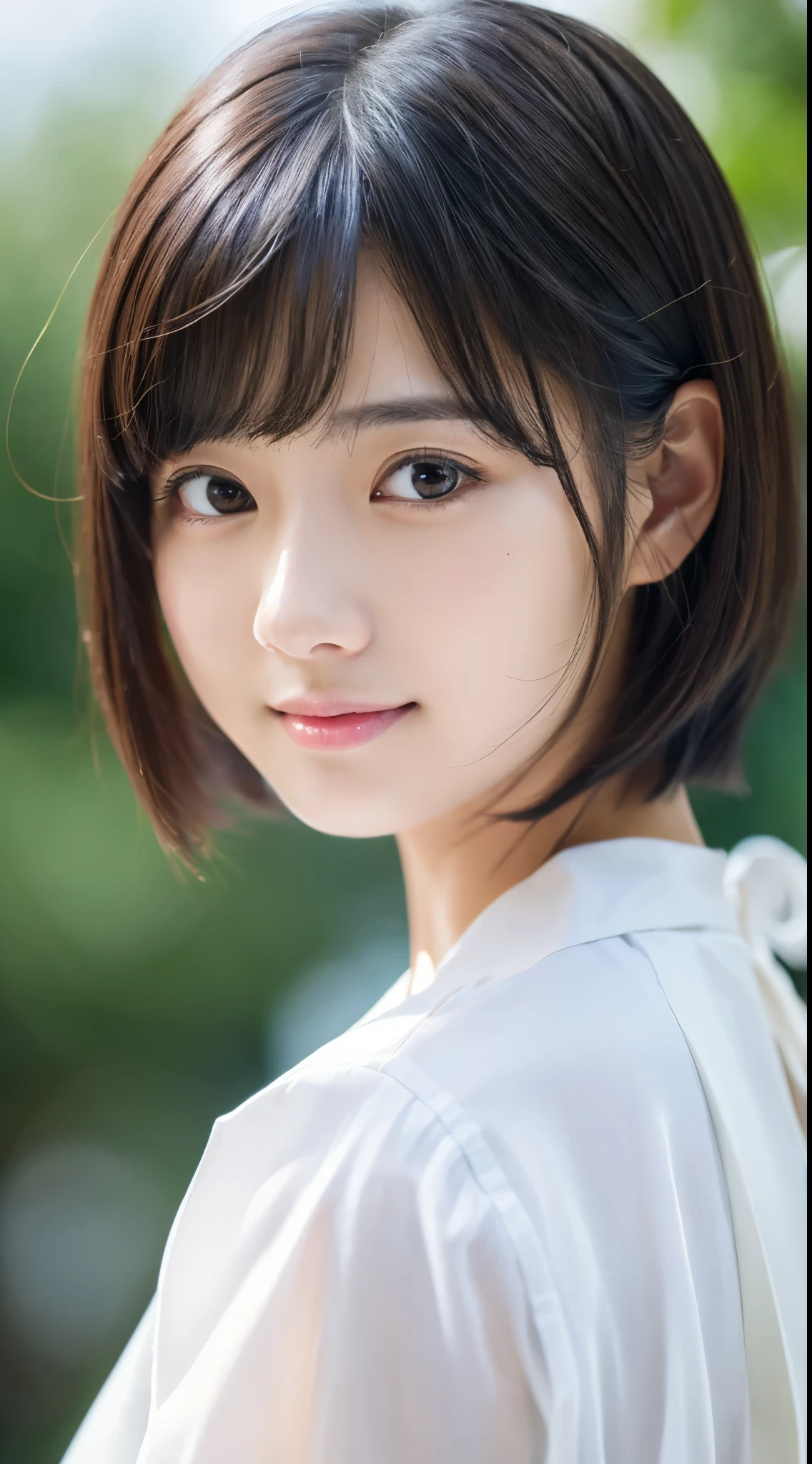 (Photographed:1.2)、(Realism:1.4)、(Masterpiece:1.3)、(top quality:1.4)、ultra high resolution、(delicate eyes)、(detailed facial features)、(Detailed clothing features)、8K resolution、solo focus、Bangs、double eyelids、Japanese, (1 girl in), beautiful face, (lifelike face), (A black-haired one, short hair:1.3), beautiful hairstyle, realistic eyes, beautiful eyes, (real skin), beautiful skin, Tempting, ultra high resolution, surreal, high detail, Different opinions,a smile,open white shirt,standing、The feeling of looking down from below、Kamimei