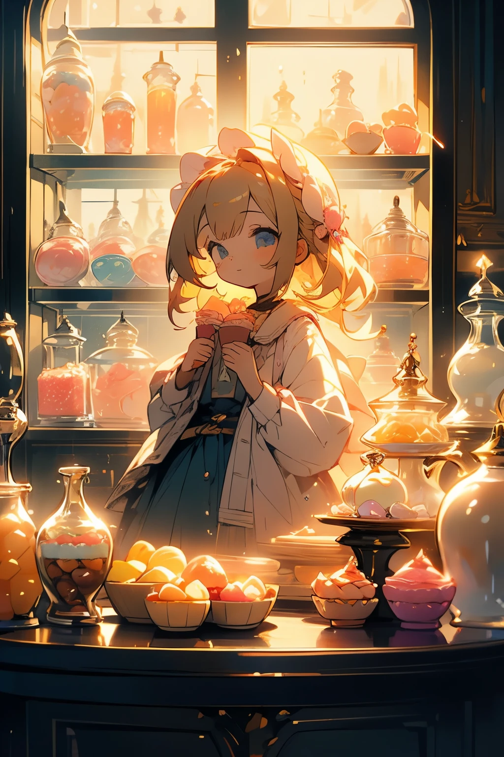 masterpiece, Very detailed, (chibi:1.3), , (1 girl), blonde hair, pastel colors, cozy atmosphere, Dessert display case, macaron, cupcake, tart, cake, coffee machines, Blackboard menu, natural lighting, Glass jars filled with candy, Frosted window glass, Decorative plates, Whimsical decoration, Sugar carving,  soft peach，An empathetic and healing soft peach hue，Convey kindness from the heart。