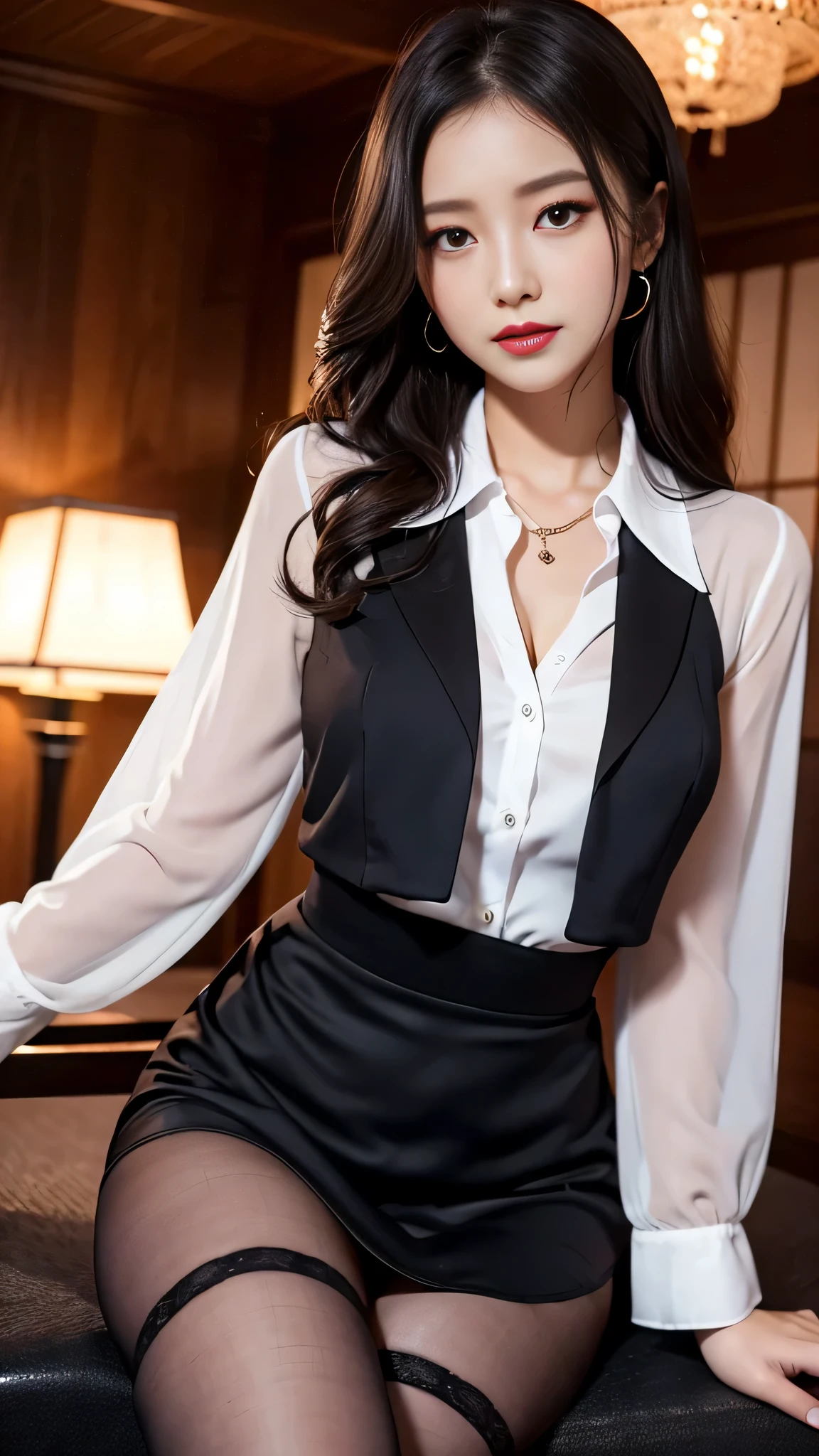 Super detailed、Japanese、charming beauty、Dainty woman、sharp eyes、cool girl、wavy hair、suit、Black chiffon、lacy fabric、wide sleeve、Jacket、white blouse、flare skirt、pantyhose、Shiny legs、evilの幹部、evil depravity、brainwashing、Mind control、lipstick、have lip gloss、grin、邪evilなな表情、evil、empty eyes、邪evilな、darkness room、seductive pose、small breasts