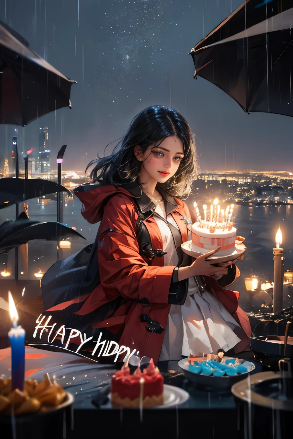 1indian girl,night city,rain,coat, birthday cake on her hands,happy birthday manmeet,English font1.5,on her background
