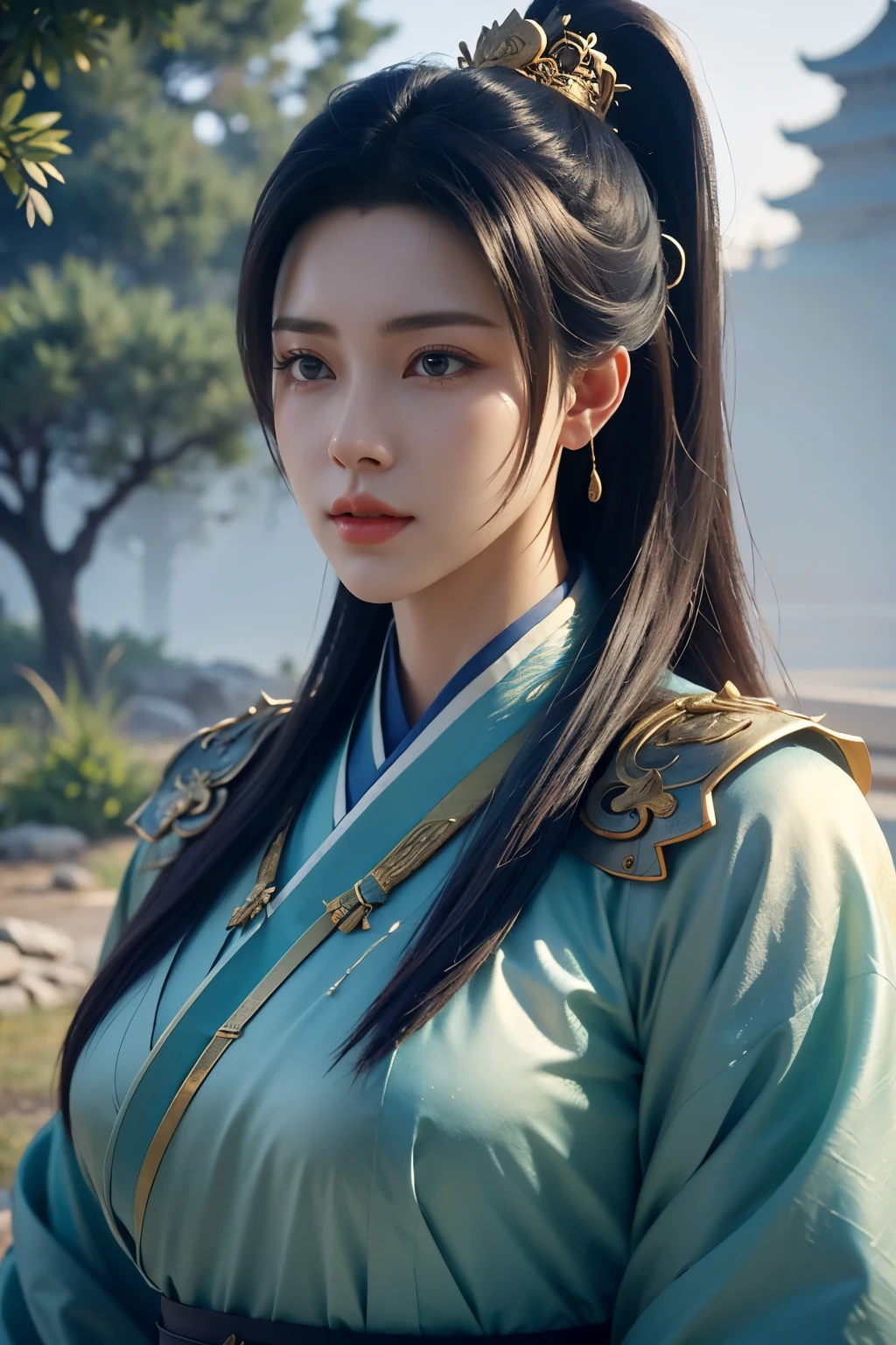 Game art，The best picture quality，Highest resolution，8K，(A bust photograph)，(Portrait)，(Head close-up)，(Rule of thirds)，Unreal Engine 5 rendering works， (The Girl of the Future)，(Female Warrior)， 
20岁少女，(The generals of ancient China)，An eye rich in detail，(Big breasts)，优雅高贵，冷漠，勇敢的，
(Wearing ancient Chinese cloth，Chinese Hanfu，Costumes of the Tang Dynasty，Costumes are rich in detail，Simple shades)，中国人物，奇幻风格，
拍照姿势，野外背景，Movie lights，Ray tracing，Game CG，((3D Unreal Engine))，oc渲染反射纹