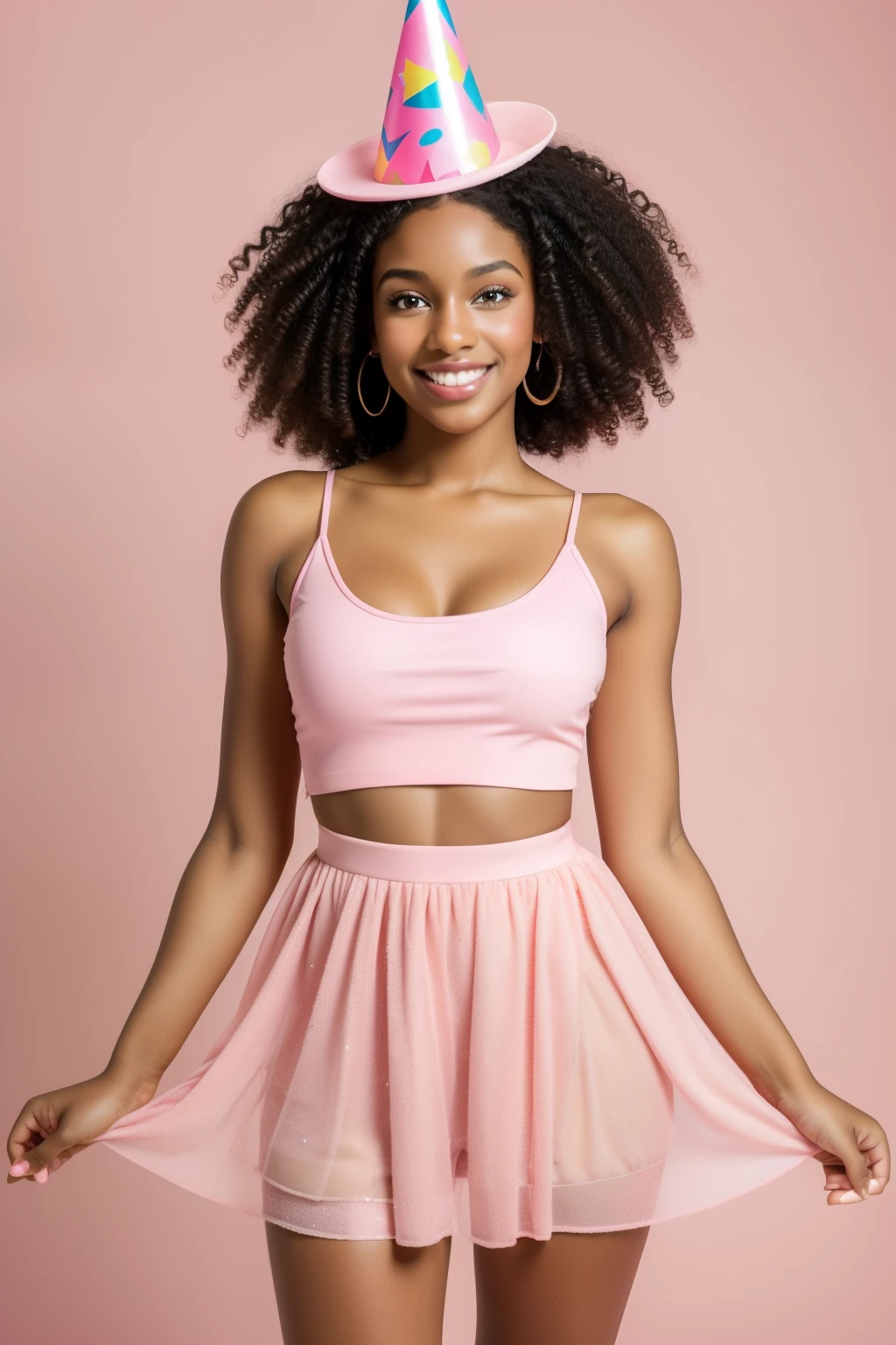 Young dark-skinned Welsh woman with extra curly hair of medium to long length poses playfully at a cute pink-themed birthday photoshoot. Her curls bounce softly against her shoulders, framing her pretty face with a gleam of excitement. With a pink backdrop and party hats adorning her head, she exudes joy and vibrancy. Detailed skin pores and glistening curls add texture and depth to her appearance. Her bright, sparkling eyes shine with merriment, reflecting the warm, natural light of the studio. The pink theme is further emphasized by her pink top and matching accessories, adding a fun and cheerful touch to the photoshoot. The