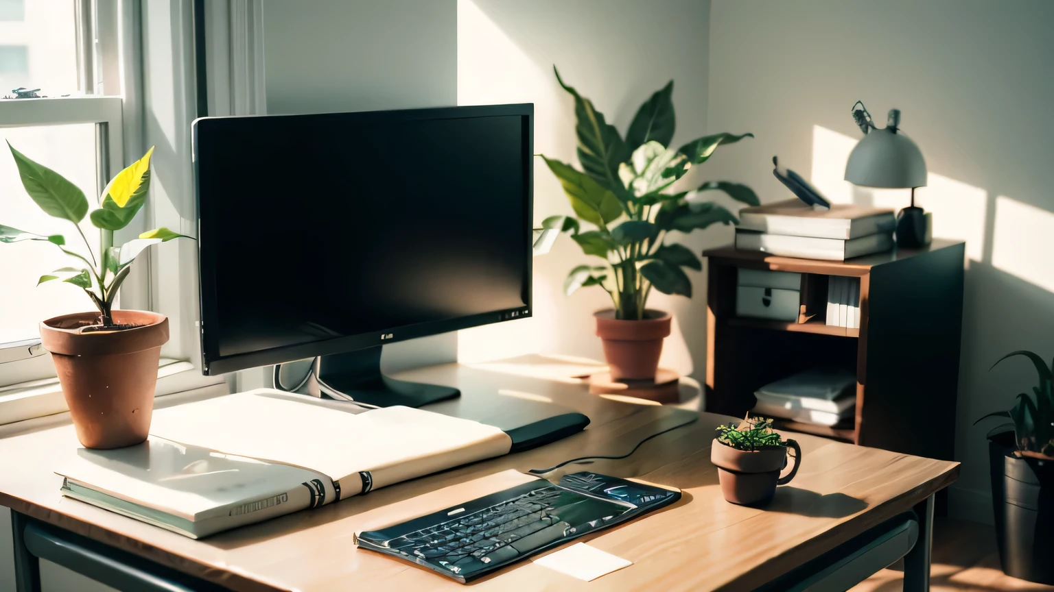 Create a very realistic image of a desk with computer and notebook in orange color, with background plants