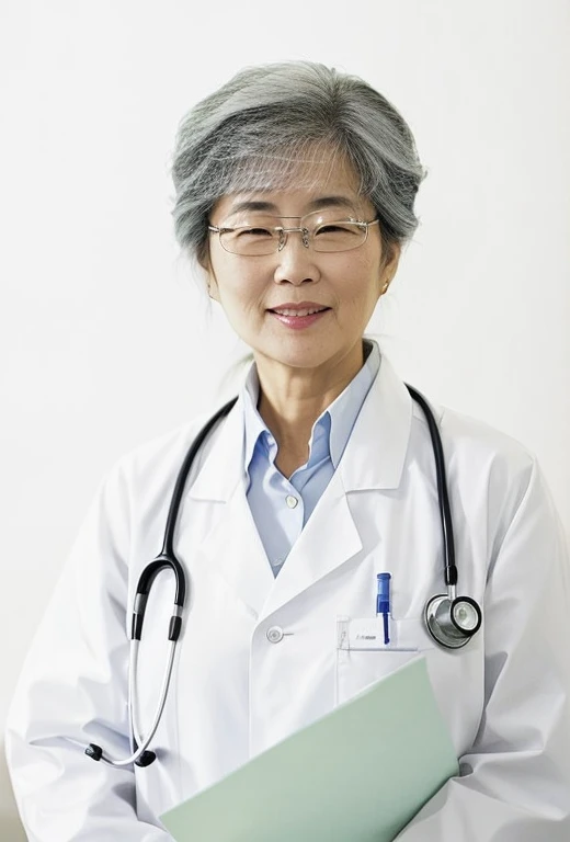 Wearing a white lab coat、A straight-faced Chinese beauty,Around 50 years old,Kind and dignified。Asian woman holding folder, Elegant posture,面带微笑doctor, wearing a lab coat doctor, (doctor), wearing a lab coat, Use a stethoscope, wearing a lab coat, wearing a lab coat ,wearing a lab coat, medical staff, Wearing a white lab coat,