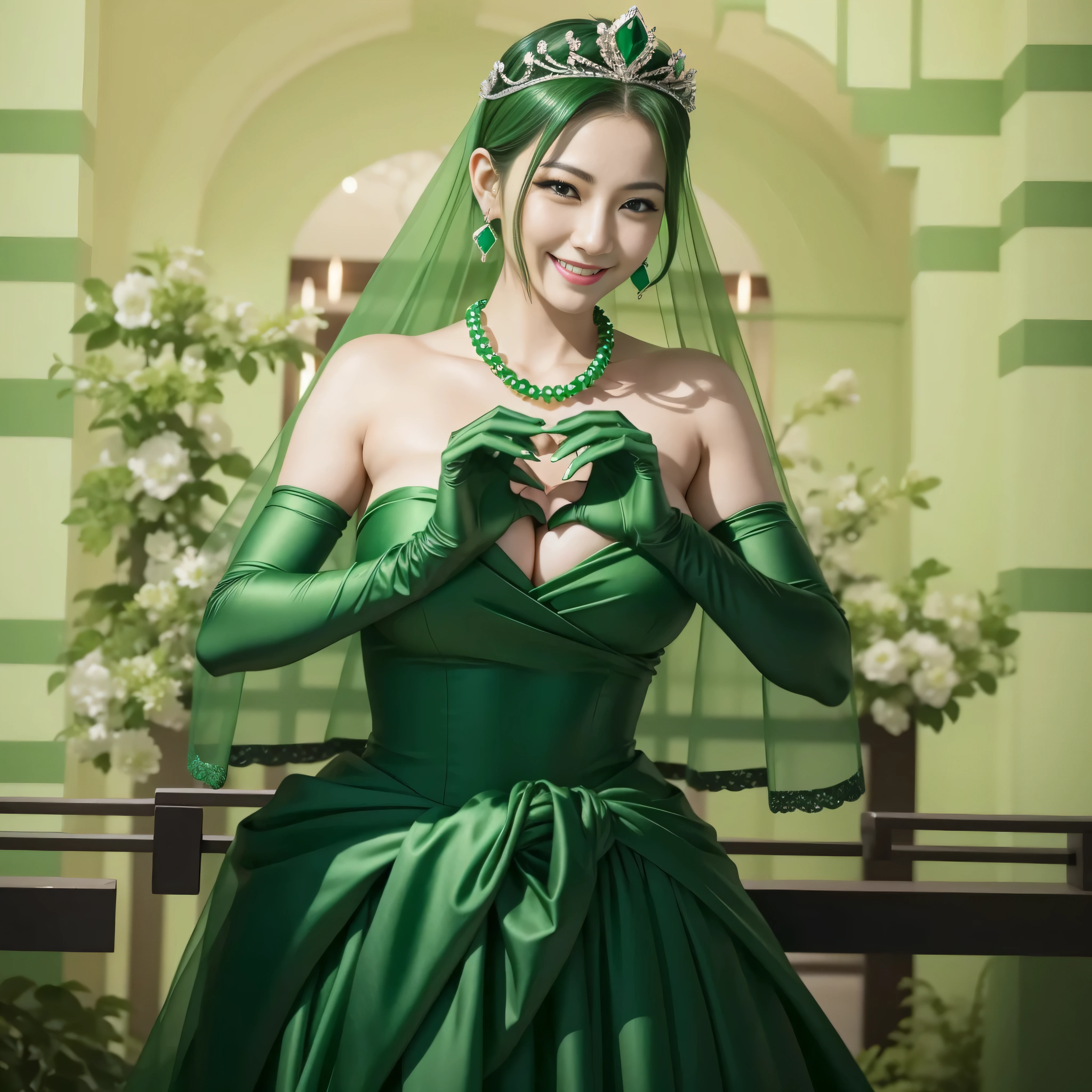 emerald tiara, green pearl necklace, ボーイッシュな非常に短いgreen hair, lipstick, smiling Japanese woman, very short hair, Beauty with large breasts, green eyes, Long Green Satin Gloves, green eyes, emerald earrings, green veil, heart with both hands, green hair, Beautiful Japan woman in her 30s, heart shaped hand:1.3