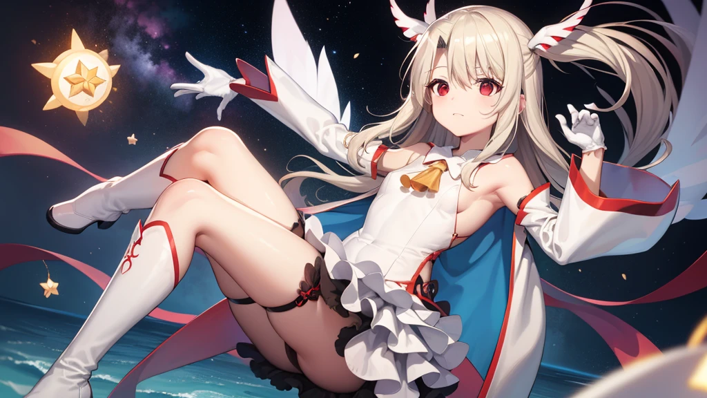 Illyasviel von Einzbern, blonde hair, hair between eyes, long hair, (red eyes:1.5),A cool girl boots, Detached sleeves, , White gloves, white skirt, absolute chance,，Devouring God，Vast Sea Star Miao，blue robe，Psychic Galaxy Goddess，Yuanxi Mingyong