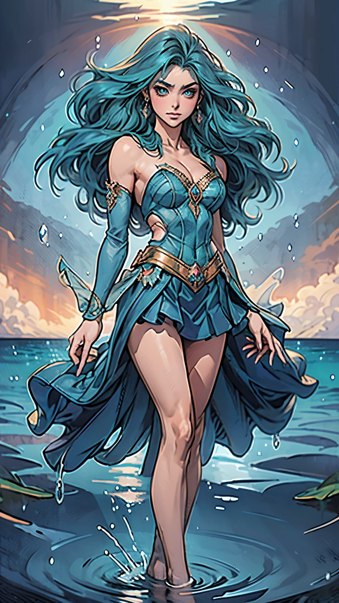 A beautiful woman with cascading waves of aqua-blue long hair, exquisite facial features, a melancholic expression, delicate and bright eyes, skin as smooth and radiant, her slender and graceful figure dances like water splashes in the wind, a splendid fantasy-style islander ethnic costume, a short skirt resembling ocean waves, her slender legs leap lightly above the water surface, surrounded by splashing droplets that dance in the air, this character embodies a finely crafted fantasy-style female dancer in anime style, exquisite and mature manga art style, high definition, best quality, highres, ultra-detailed, ultra-fine painting, extremely delicate, professional, anatomically correct, symmetrical face, extremely detailed eyes and face, high quality eyes, creativity, RAW photo, UHD, 8k, Natural light, cinematic lighting, masterpiece-anatomy-perfect, masterpiece:1.5