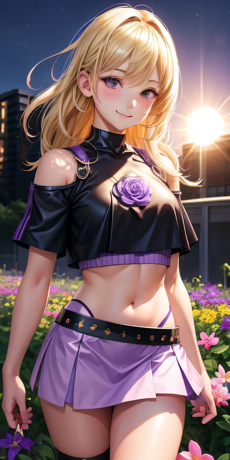 1 girl, blonde hair, black eyes, shining eyes, purple crop top, Purple miniskirt, smile､realistic, blush, night, flowers, sun, sunlight, masterpiece, 最high quality, high quality, High resolution､squat and open your legs、