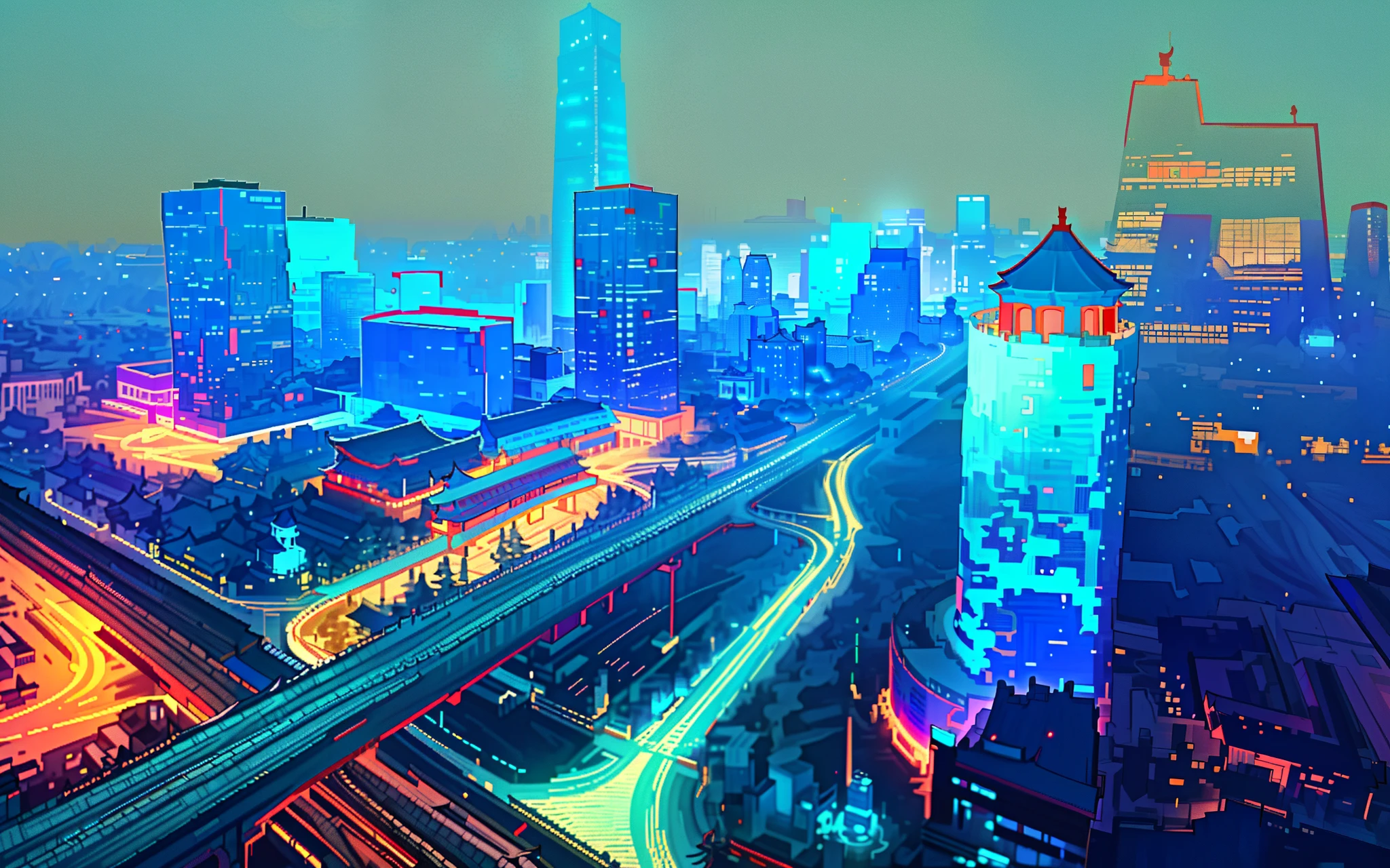 Beijing,night view，building，pixel style，Blue tones