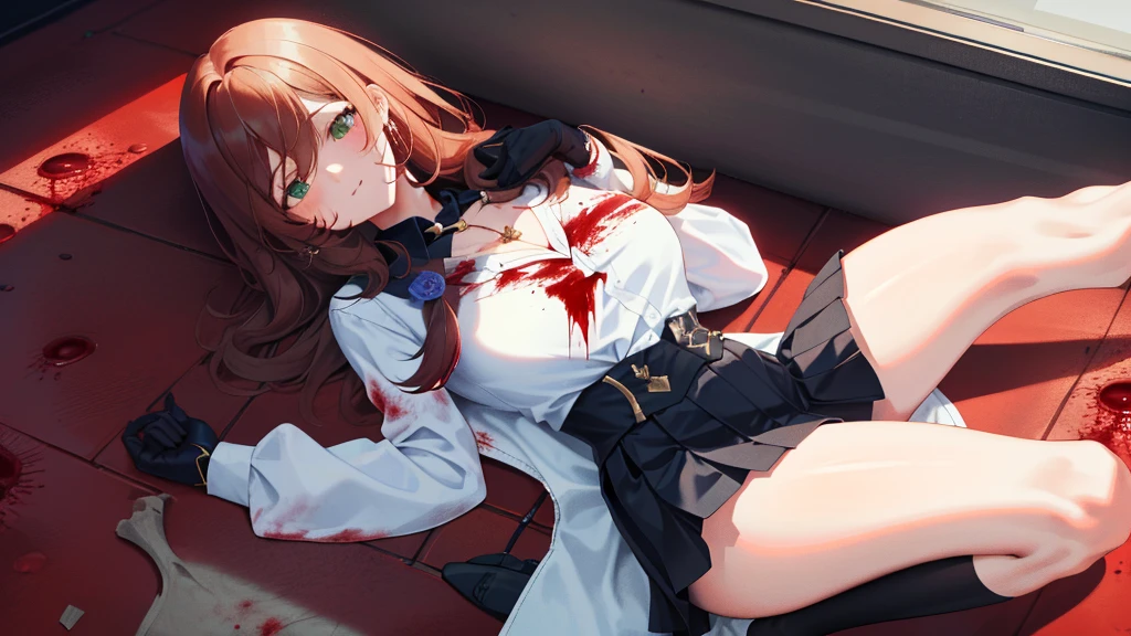 anime, ((close up, from above, unconscious, laying on ground, eyes closed,dark red hair, blood, blood on face, blood on clothes)), hair scrunchie, low twin tails, (strapless gray tank top with white trim,black jeans), graveyard, ((tombstones, flowers, raining, puddles, reflective water)), night,(Very Thin),Swept Bangs, (Toned Arms), c (Masterpiece:1.2), Best Quality, high resolution, unity 8k wallpaper, illustration:0.8, beautiful detailed eyes:1.6, extremely detailed face, perfect lighting, extremely detailed CG, perfect hands, perfect anatomy