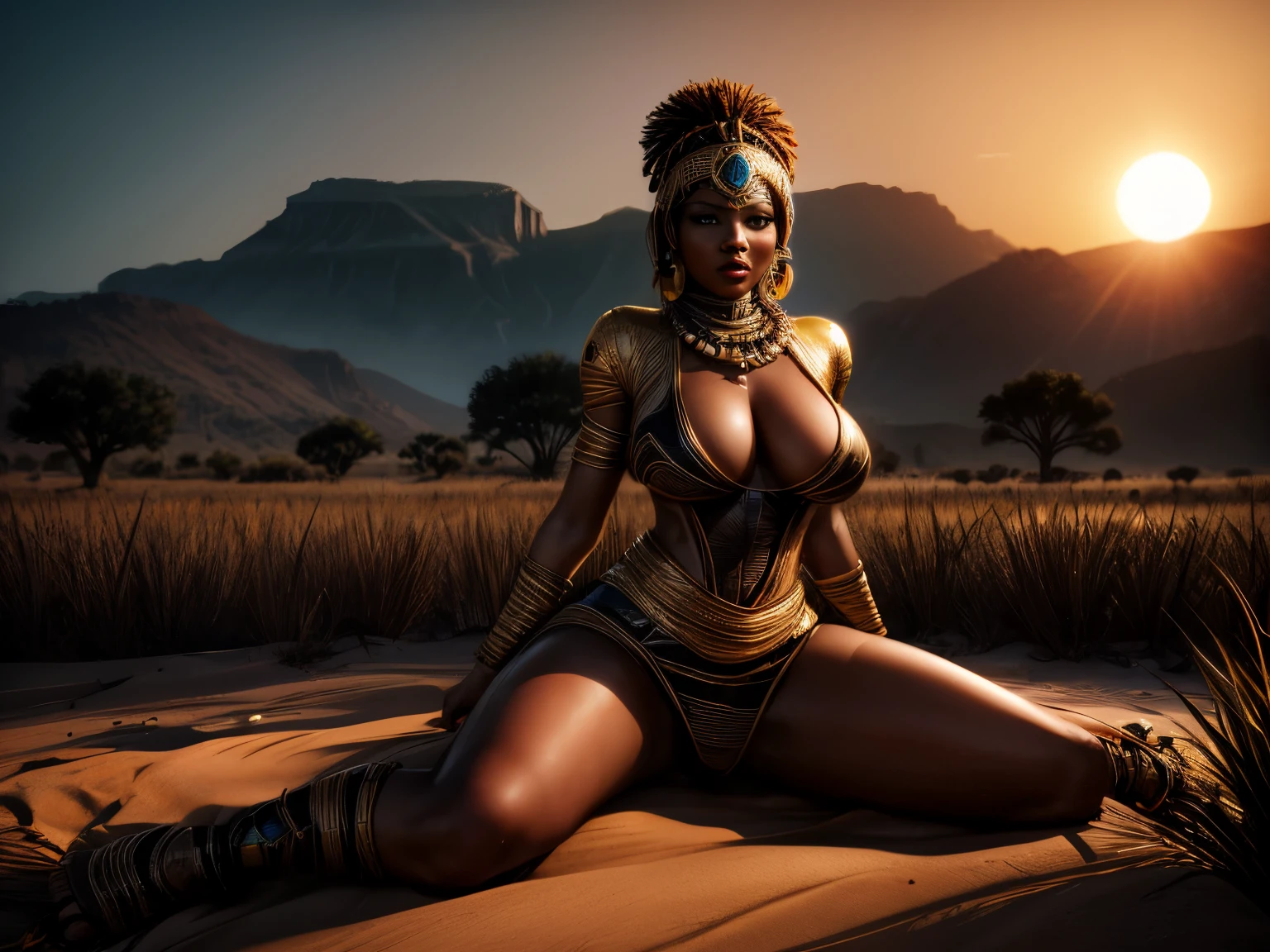 African savannah landscape, a very beautiful African woman is sitting down, sexy, big bare breasts, fierce Zulu warrior, heat, sun, retro-futuristic atmosphere