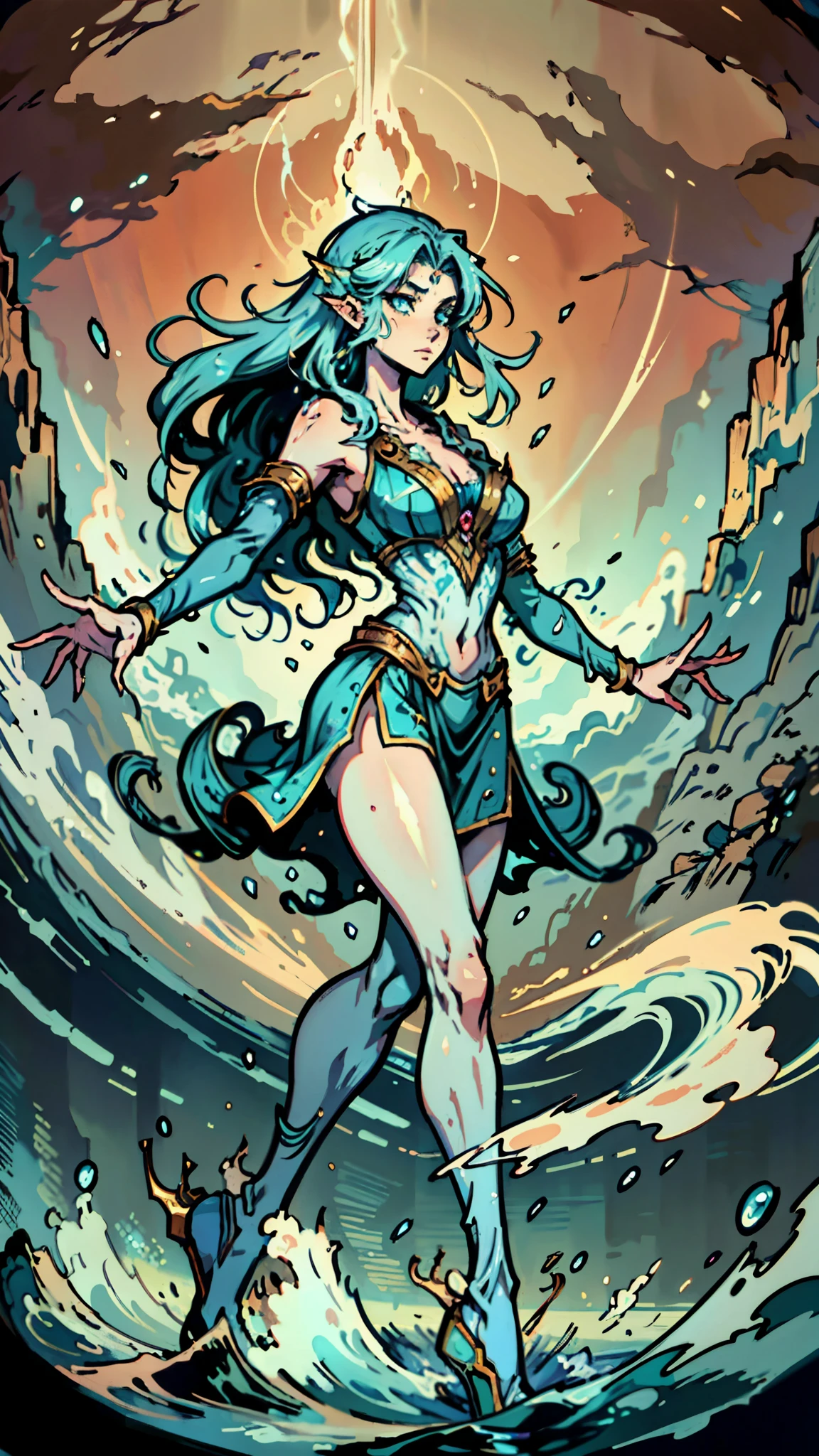 A beautiful woman with cascading waves of aqua-blue long hair, exquisite facial features, a melancholic expression, delicate and bright eyes, skin as smooth and radiant, her slender and graceful figure dances like water splashes in the wind, a splendid fantasy-style islander ethnic costume, a short skirt resembling ocean waves, her slender legs leap lightly above the water surface, surrounded by splashing droplets that dance in the air, this character embodies a finely crafted fantasy-style female dancer in anime style, exquisite and mature manga art style, high definition, best quality, highres, ultra-detailed, ultra-fine painting, extremely delicate, professional, anatomically correct, symmetrical face, extremely detailed eyes and face, high quality eyes, creativity, RAW photo, UHD, 8k, Natural light, cinematic lighting, masterpiece-anatomy-perfect, masterpiece:1.5