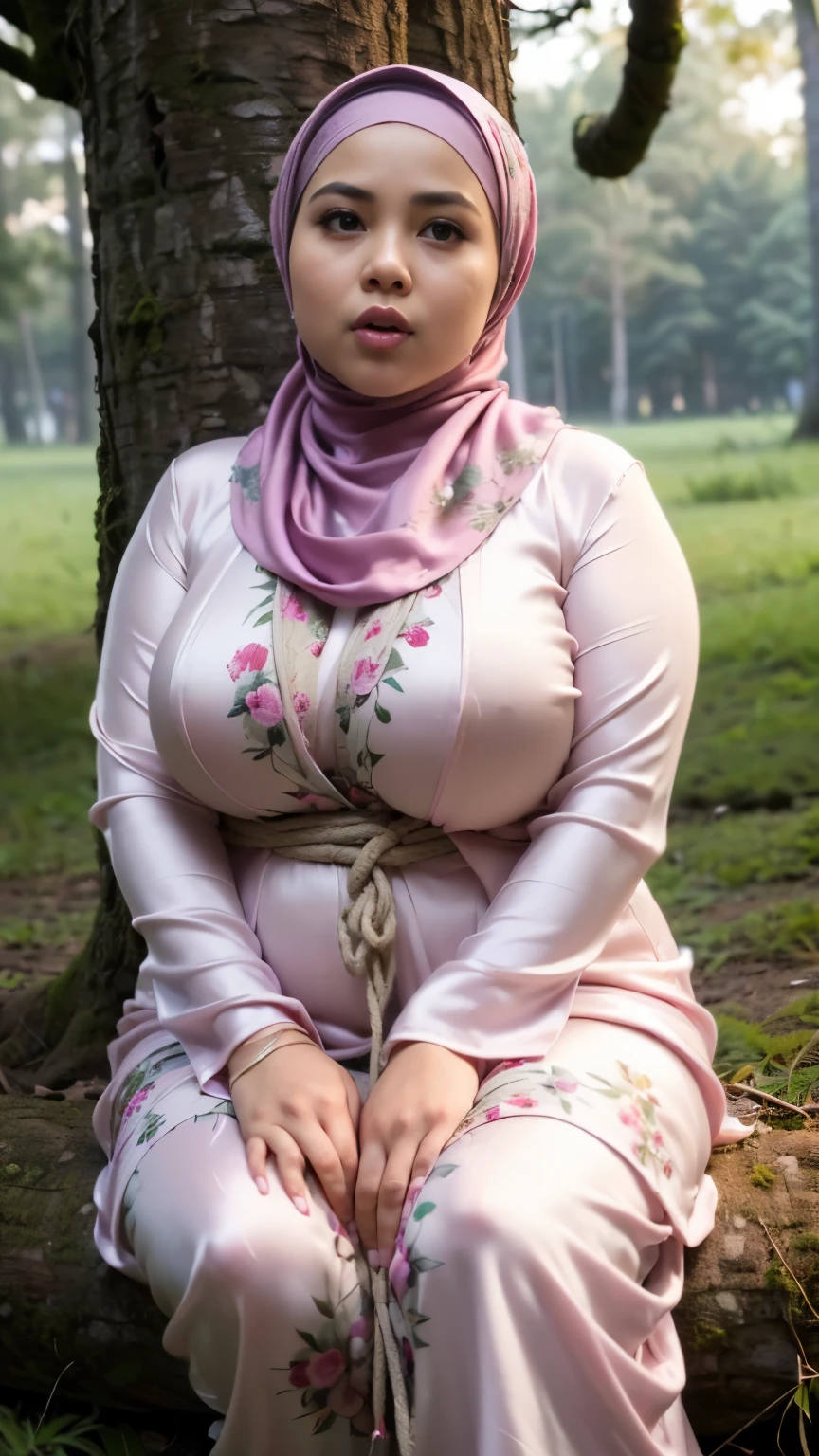 (64k, RAW photo, masterpiecel1.4, realistic, photo-realistic, best quality, HDR, 32k resolution, ((lighting)), ((dark forest)), ((night time)), ((laying on land grass)), ((1 beautiful malay girl)), ((seductive poses)), ((sexy body)), photo of a malay girl light pink tudung hijab, details skin texture, bright skin, big gorgeous eyes, double eye lids, ((huge-breasted), ((big tits)), ((chubby body)), ((soft shy face)), ((wearing floral silk thigt malay gamis pastel close up thigt hijab)), ((hands are tied with rope behind back at tree)), ((real cum facial all over face))