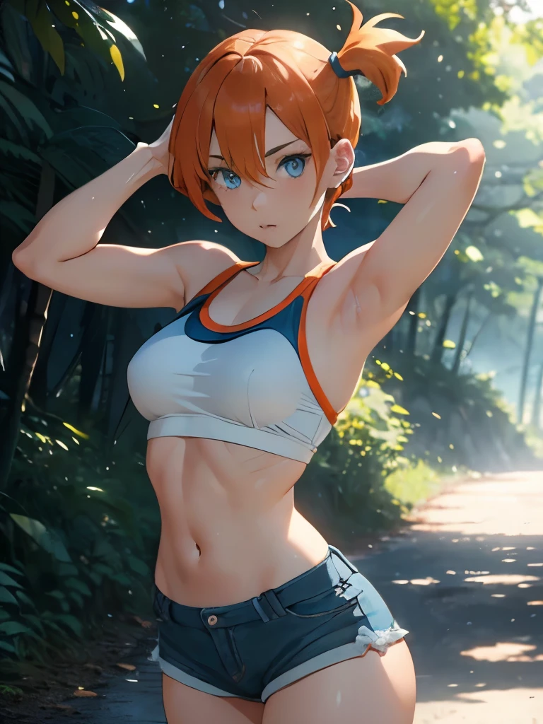 misty pokemon short hair, orange hair, blue eyes, She is alone, hot, Stretching, fondo de bosque, Cara detallada, ojos detallados, Manos detalladas, Ropa ajustada, cuerpo delgado, pecho grande, cinematiclight, 8k, Side camera, Mirando al espectador,