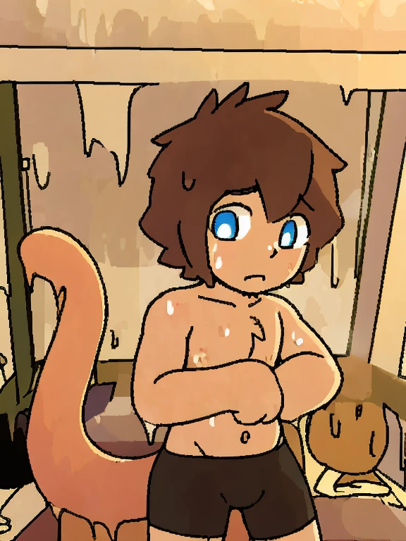 4K，8k，high resolution，masterpiece, best quality，blue eyes, hairy, alone, Wearing plain black shorts，human nature ，Sweat，wet fur，((boys，Shota))in laboratory，Long tail and cat ears combined into one，melt，Lifting cat&#39;s paw