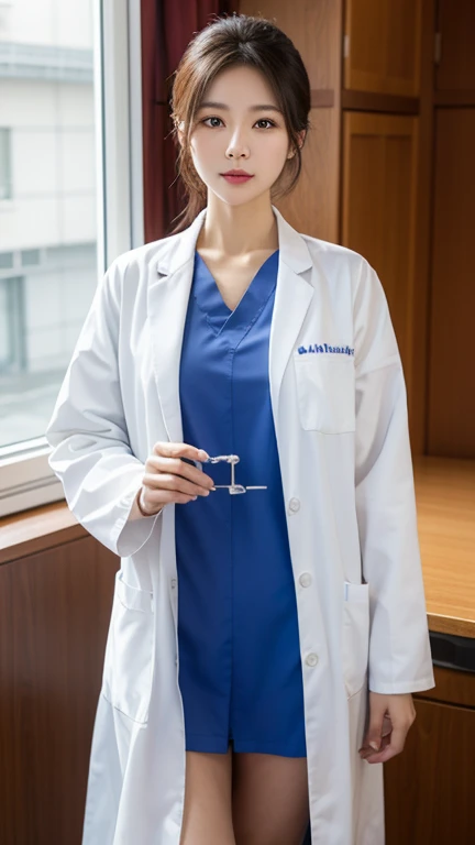 Wearing a white lab coat、A straight-faced Chinese beauty，Around 50 years old，Kind and dignified。Asian woman holding folder, Elegant posture，面带微笑doctor, wearing a lab coat doctor, (doctor), wearing a lab coat, Use a stethoscope, wearing a lab coat, wearing a lab coat ，wearing a lab coat, medical staff, Wearing a white lab coat,