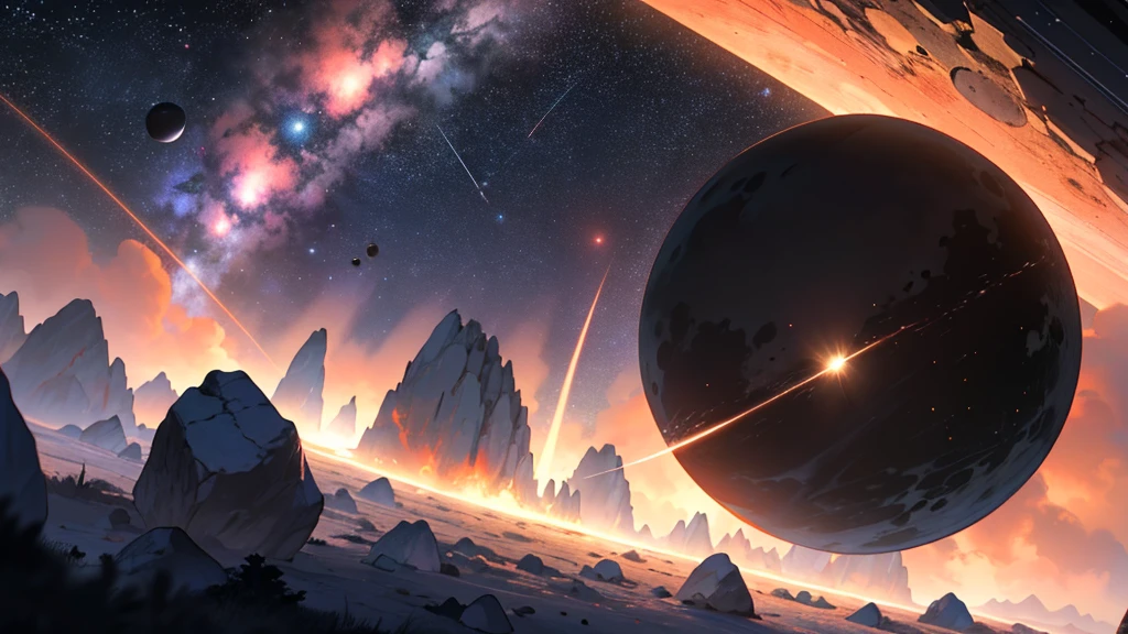a small planet that has a single tree, floating in the middle of the asteroid belt, surrounded by several asteroids that emitted fiery halos. Dramatic lights from distant stars and planets illuminated the scene, casting deep shadows over the tree.
