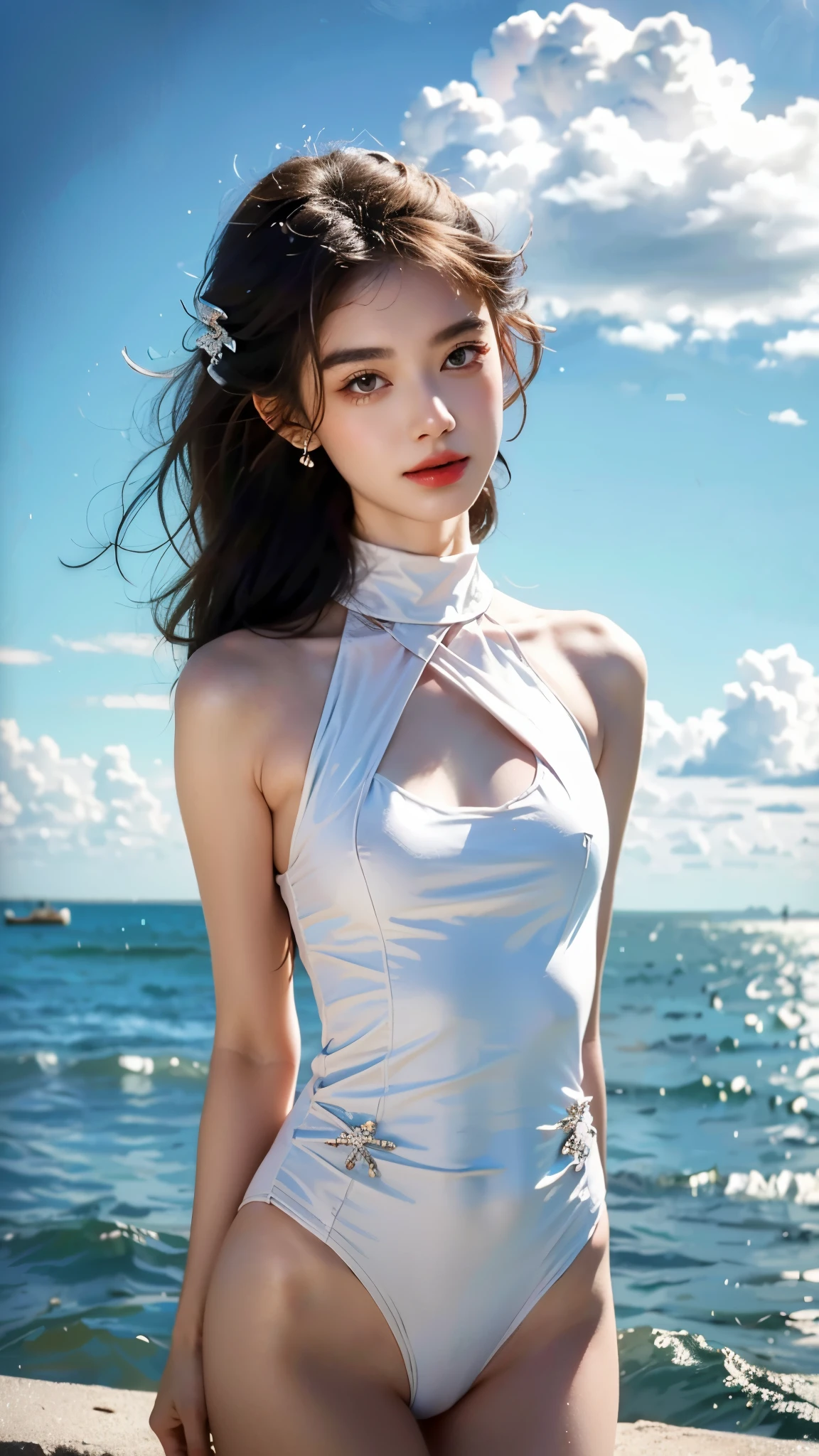 (((small萝莉,smallsmall的身体,small))),(((28 years old))),(Anime sprites ,有着极其Lovely美丽的水色头发)), ((female love,Yuri)),(((big breasts))),((((light hair:1.35,blond hair)))),(((aqua_Eye:1.3))),complicated的Eye,beautiful detailed Eye,symmetrical Eye,big Eye:1.5,(((Fair skin,dark_skin,shiny skin:1.5,bright skin:1.5,shiny skin,非常shiny skin,shining body,plastic glitter skin,Exaggerated glowing skin,glowing skin))),(,body details,(Detailed face)), Lovely,Debauchery,,bold, ((high neck one piece swimsuit:1.5,Light green swimsuit:1.5)),,revealing clothes,skin暴露,(half naked),((complicated的服装,complicated的衣服,embroidered clothing,gorgeous costumes,embroidered clothes,gorgeous clothes))), (dynamic poses:1.0),Awkward,(center,Scale to fit dimensions,rule of thirds), ((Sky,Ocean,cloud,)),dark storm cloud,((Ocean滩景观,错综complicated的风景)), (glossy winter decorations),high resolution,clear focus,(super detailed,Very detailed),(realistic artwork:1.37),(Very detailed的CG统一8k壁纸),(((bright colors,Vibrant theme))),(complicated),(masterpiece),(best quality),