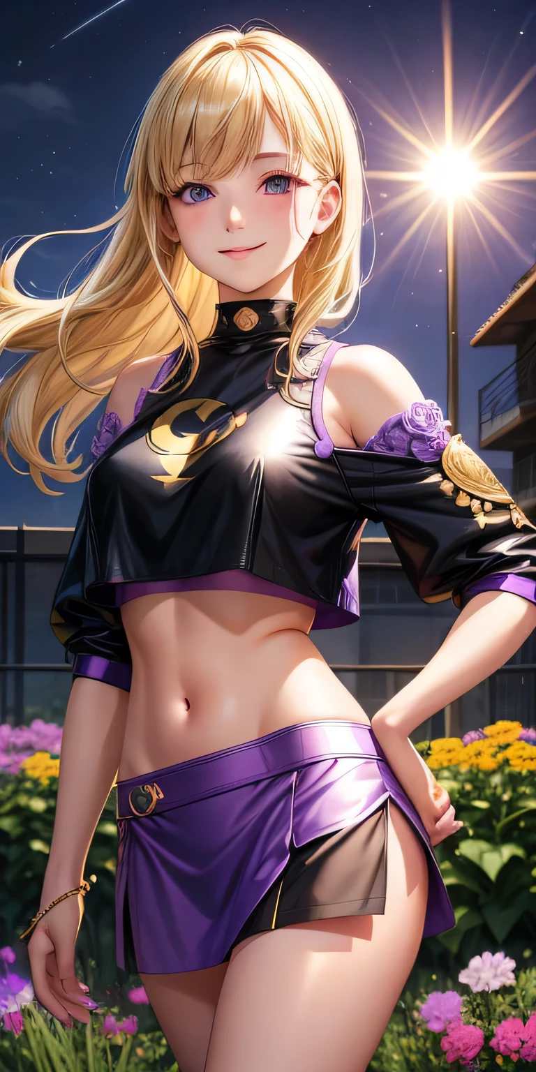 1 girl, blonde hair, black eye, shining eyes, purple crop top, Purple miniskirt, smile、realistic, blush, night, flowers, sun, sunlight, masterpiece, 最high quality, high quality, High resolution